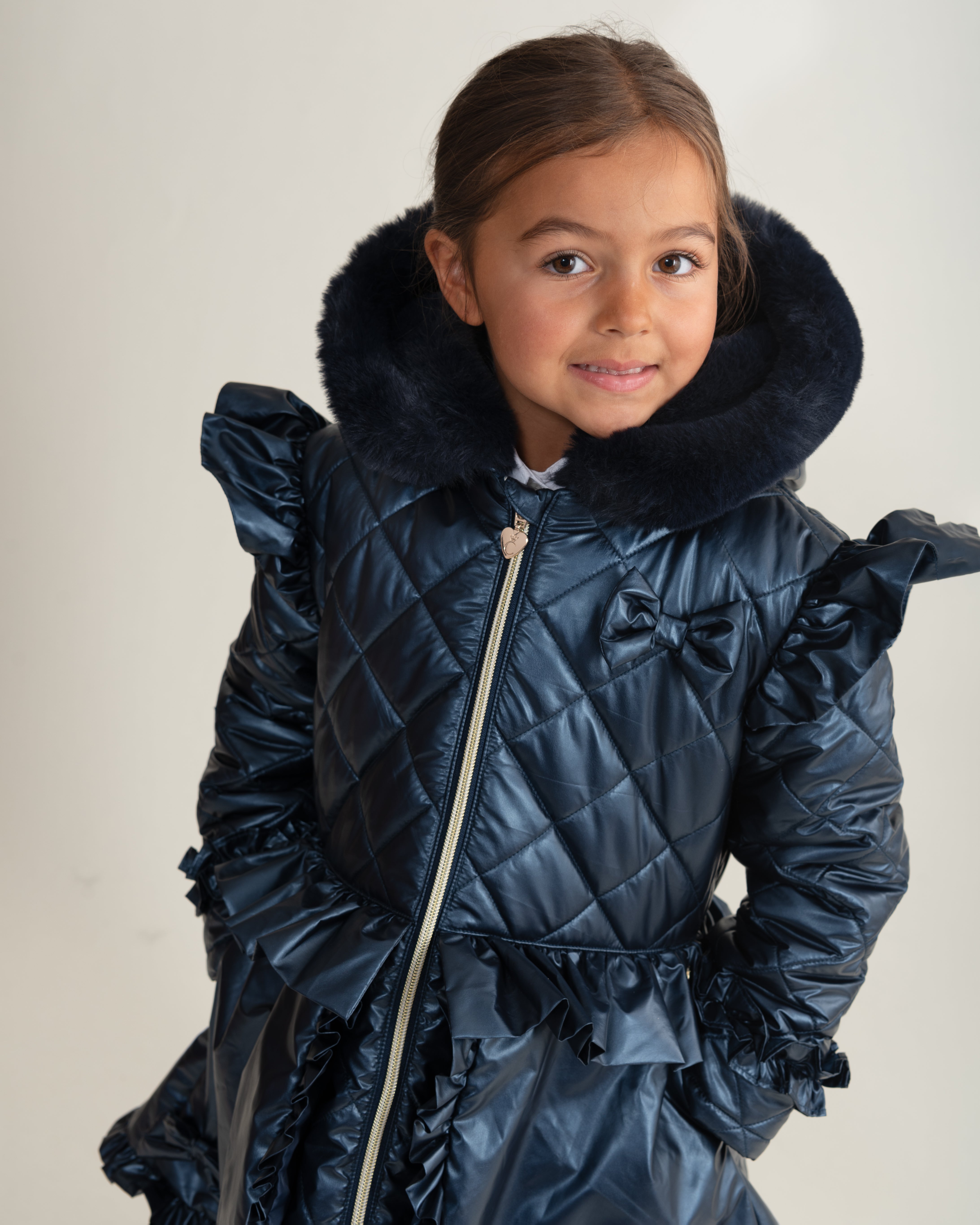 Navy Fur Trim Hood Peplum Coat