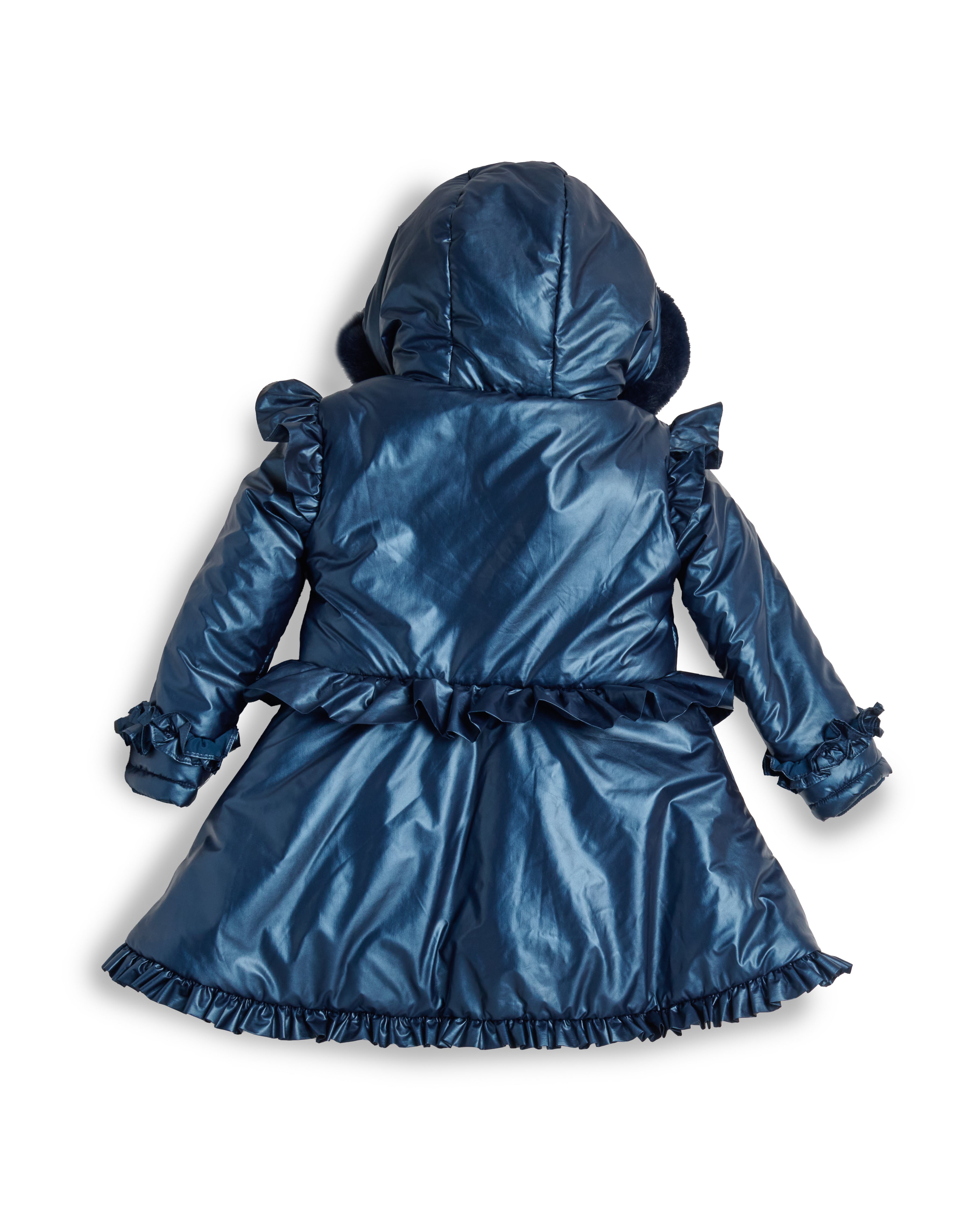 Navy Fur Trim Hood Peplum Coat
