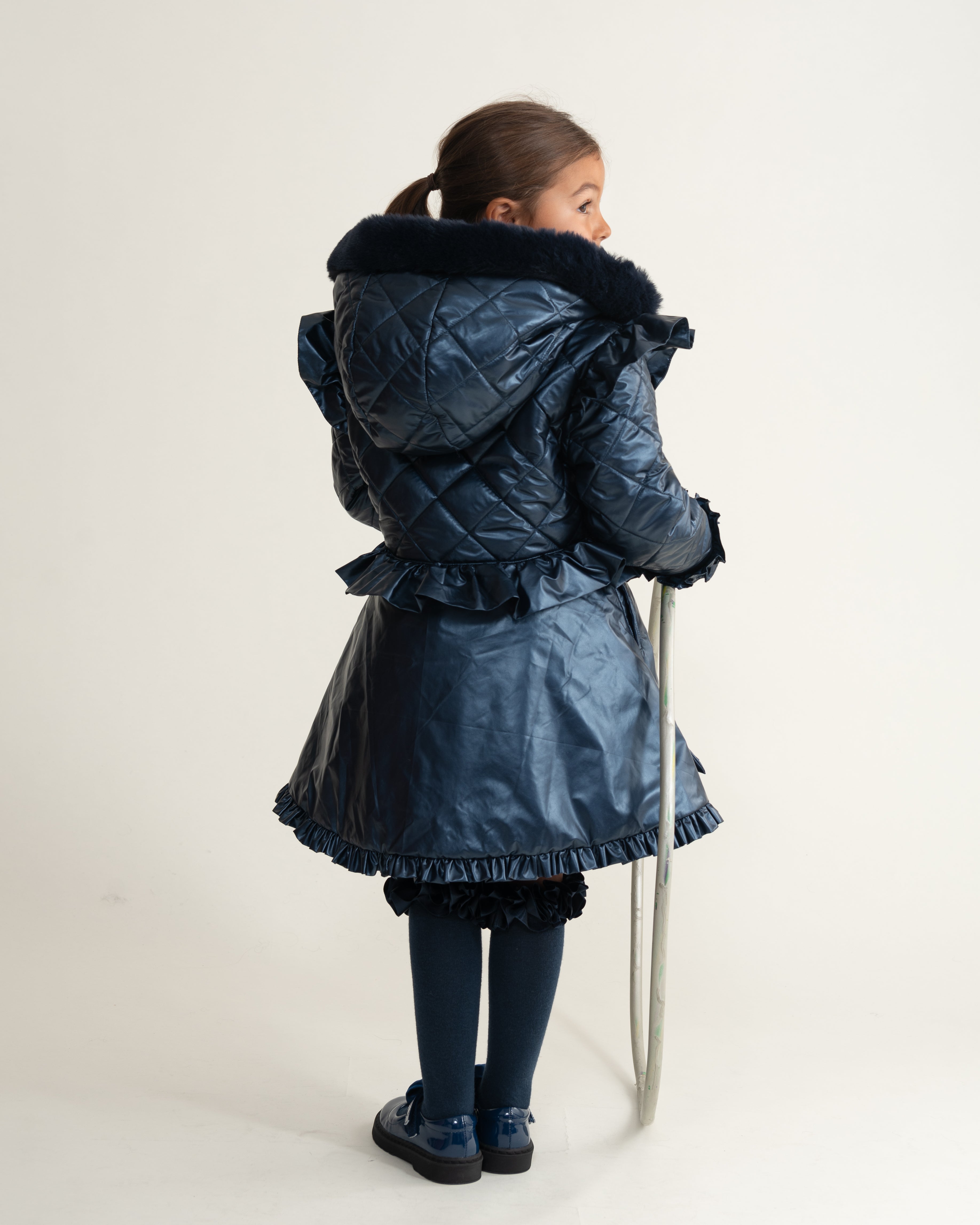 Navy Fur Trim Hood Peplum Coat