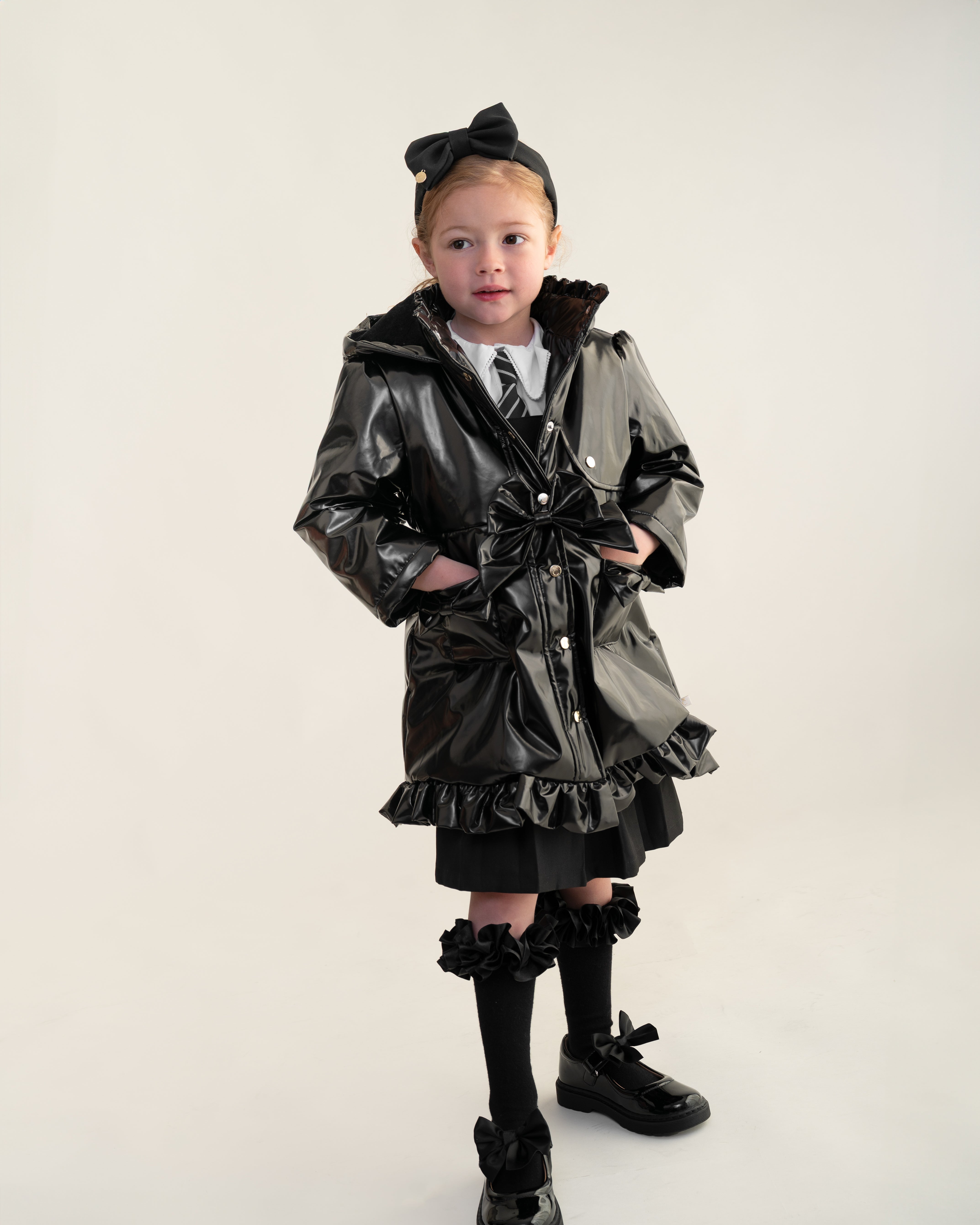 Black Patent Hooded Raincoat with Frill Trim