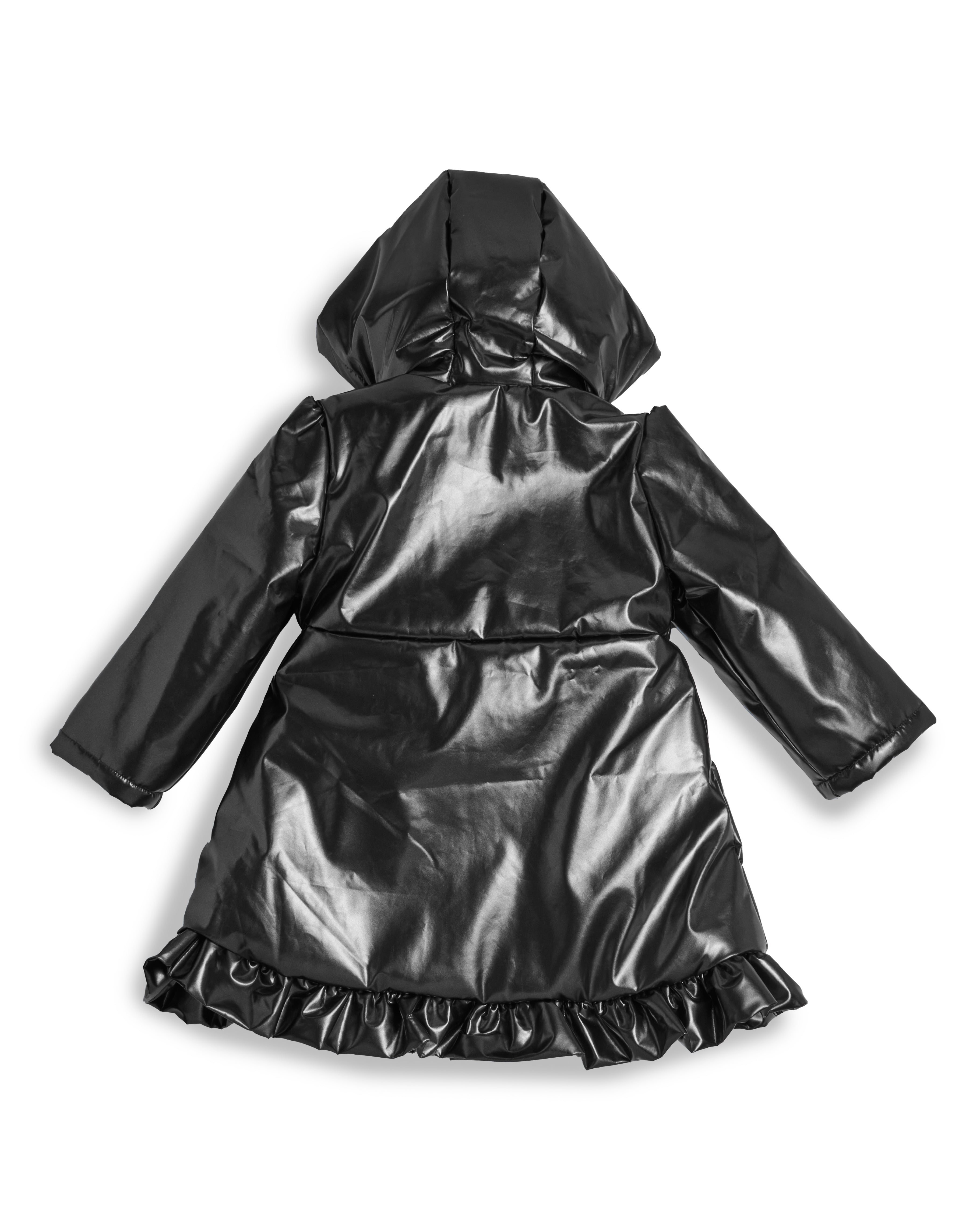 Black Patent Hooded Raincoat with Frill Trim