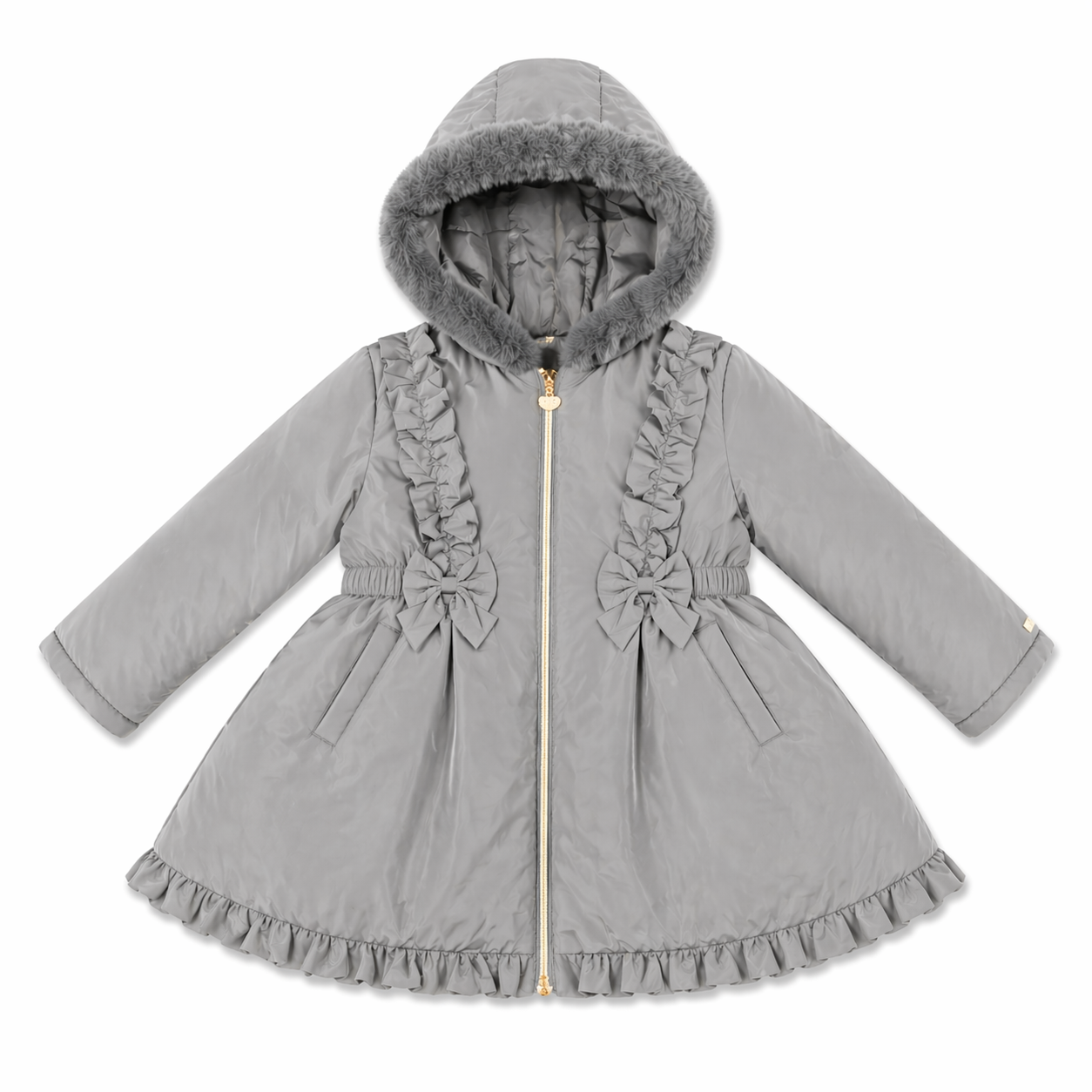 Grey Faux Fur Frill Hooded Coat
