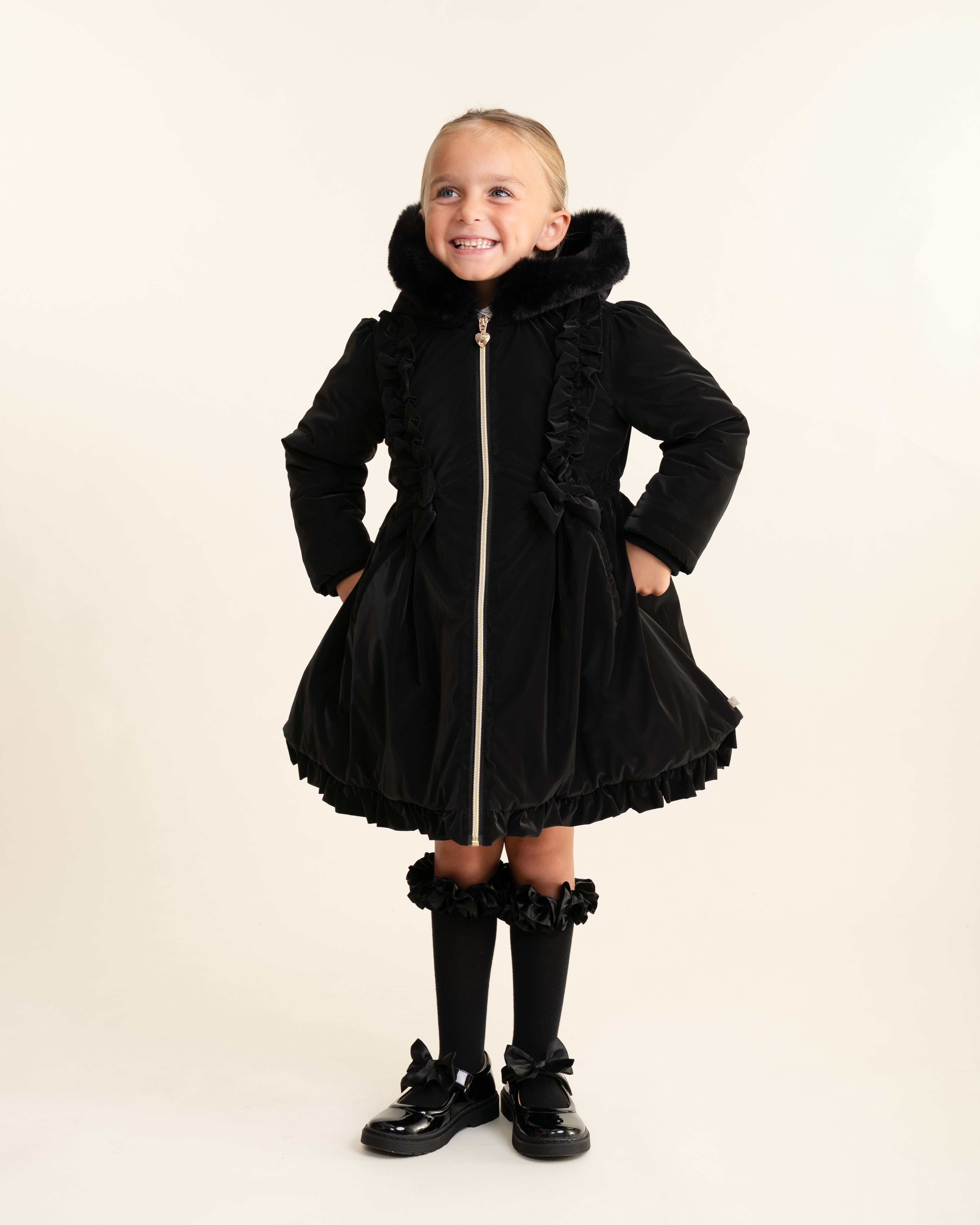 Black Faux Fur Frill Hooded Coat