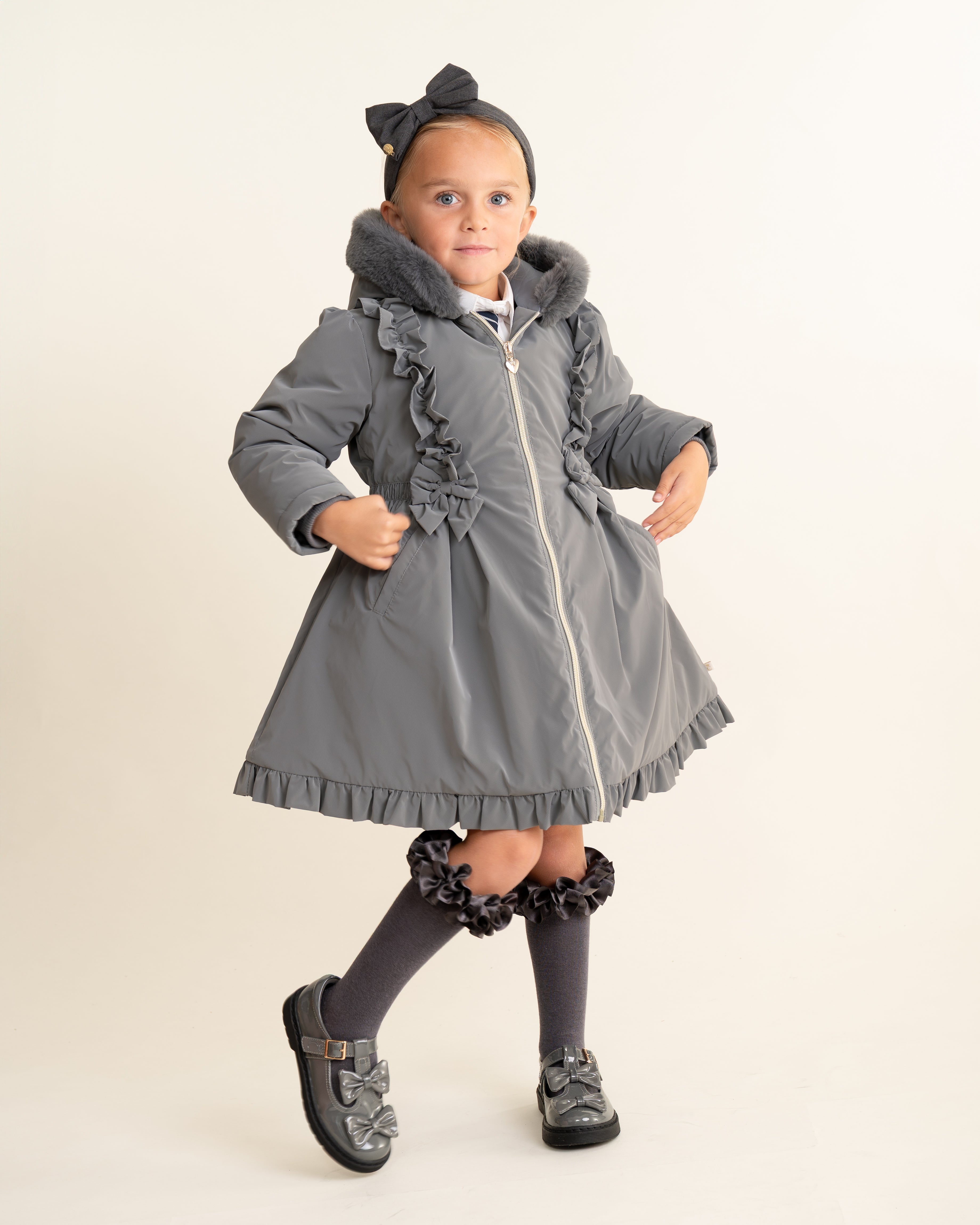 Grey Faux Fur Frill Hooded Coat