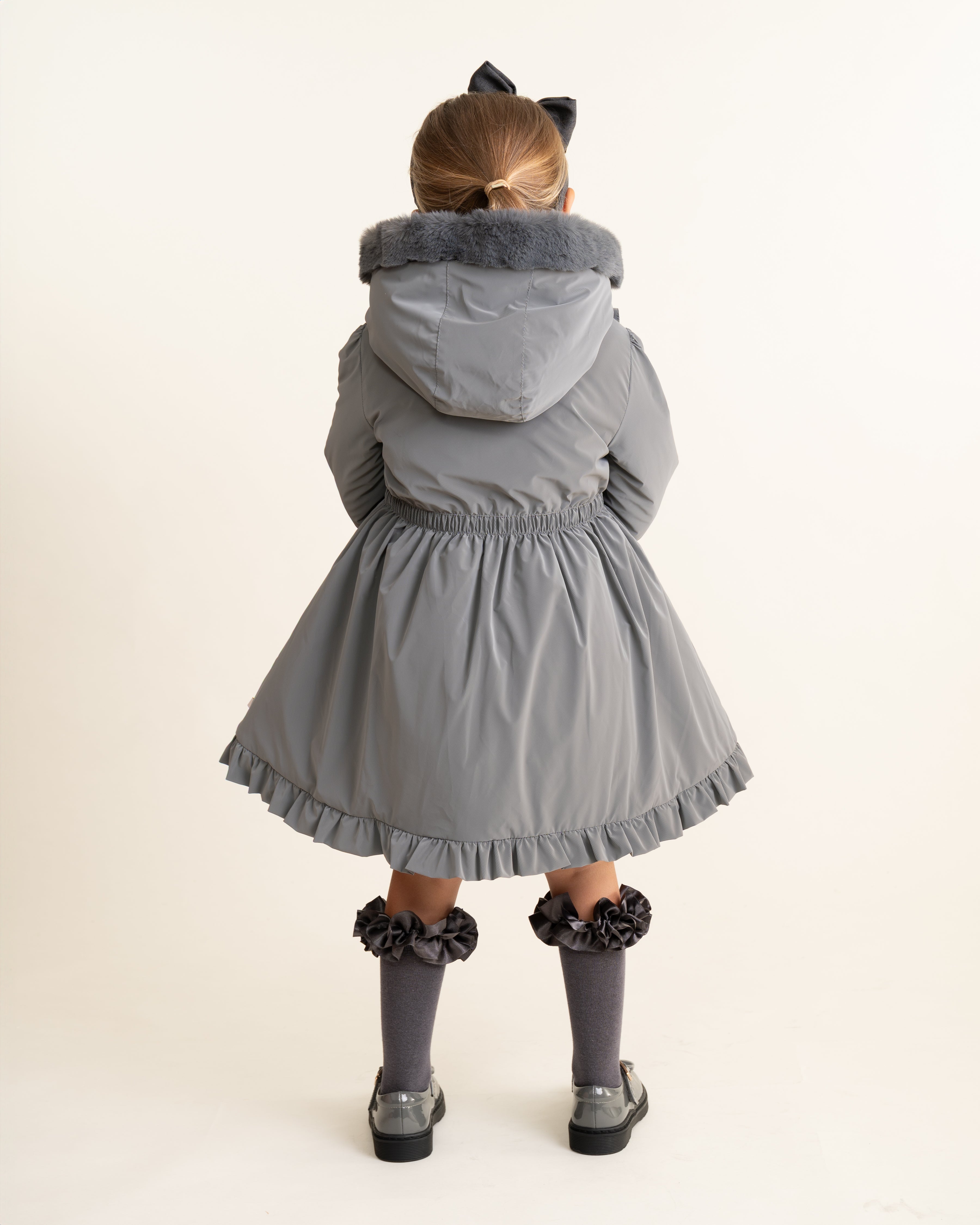 Grey Faux Fur Frill Hooded Coat