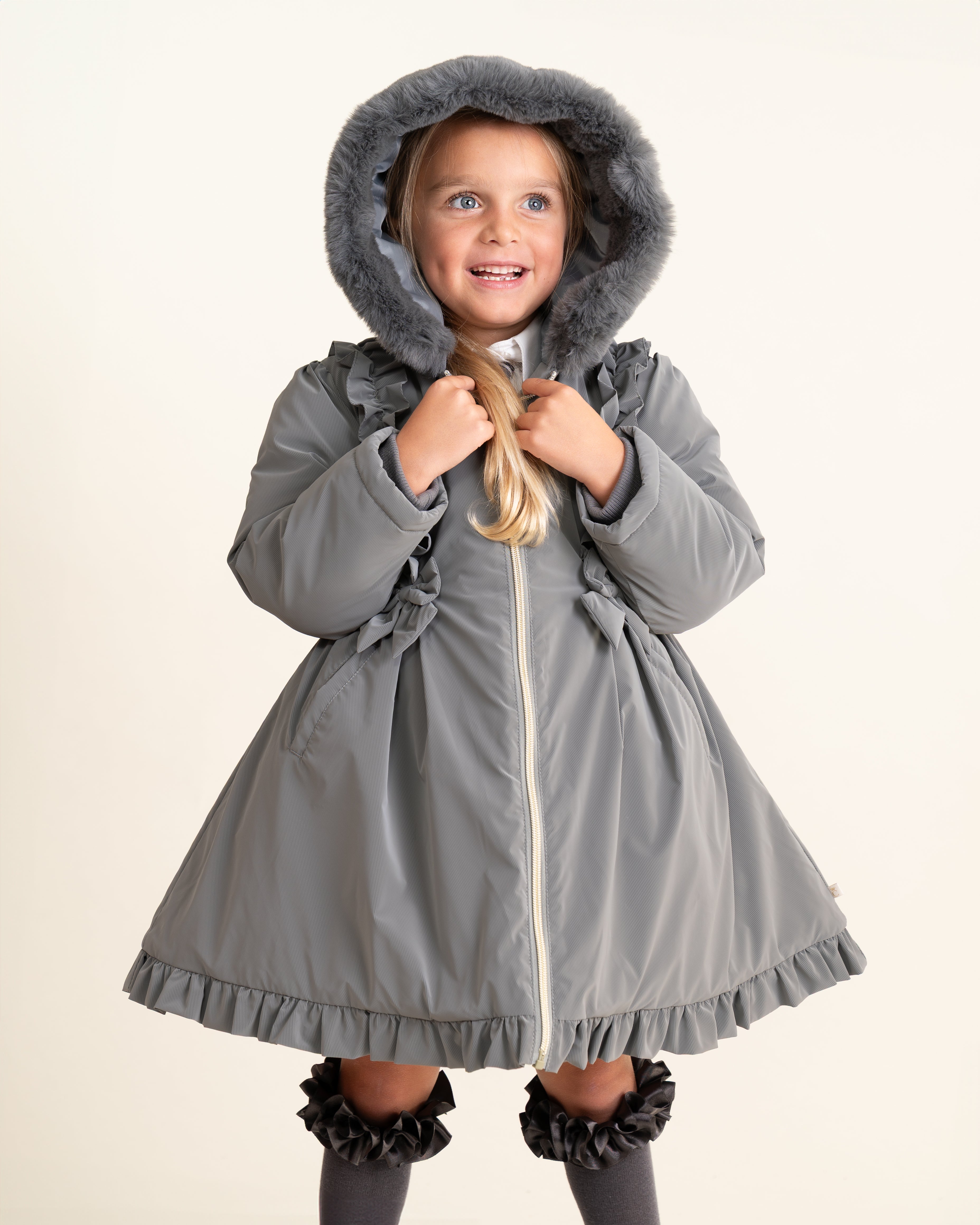 Grey Faux Fur Frill Hooded Coat