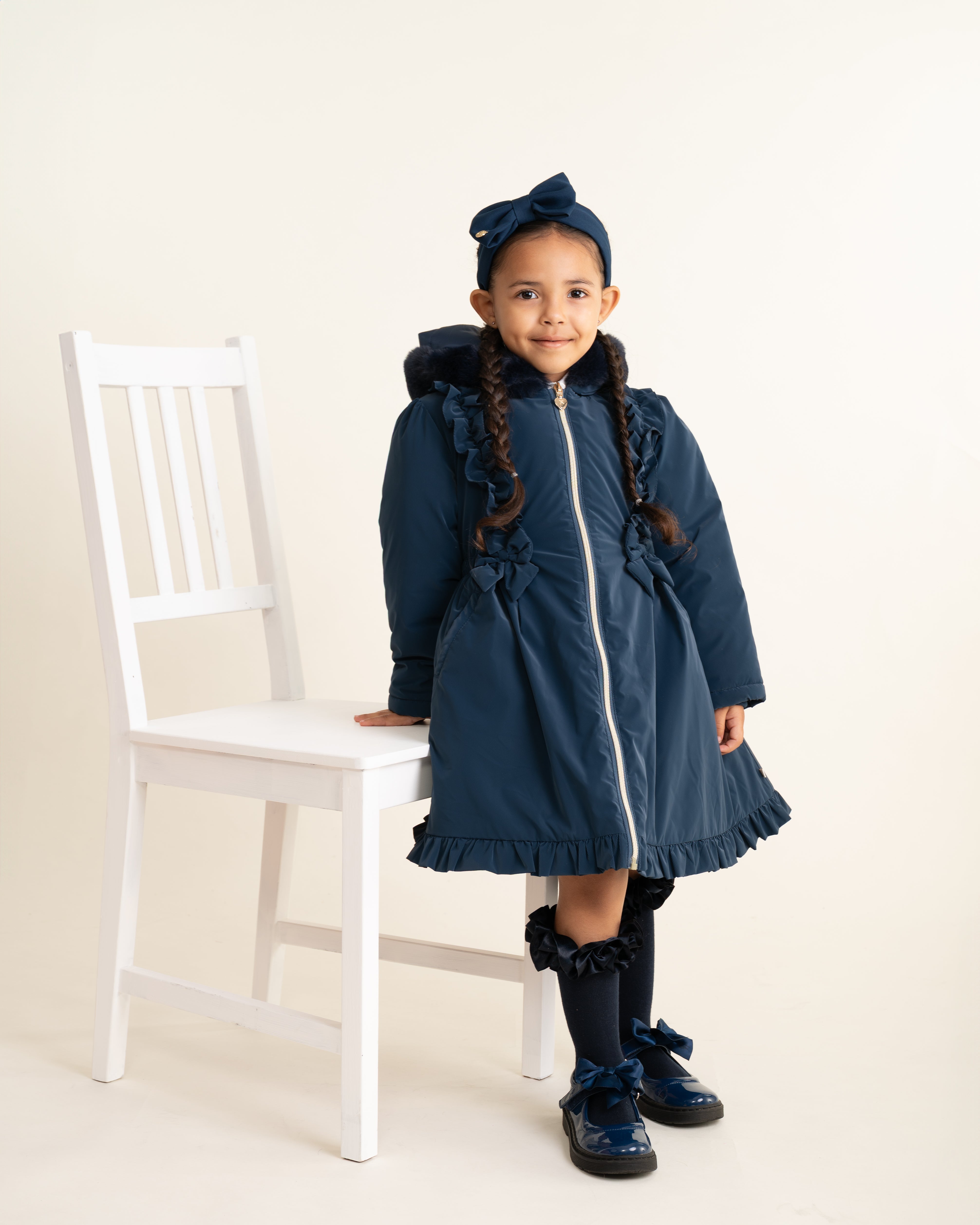 Navy Faux Fur Frill Hooded Coat