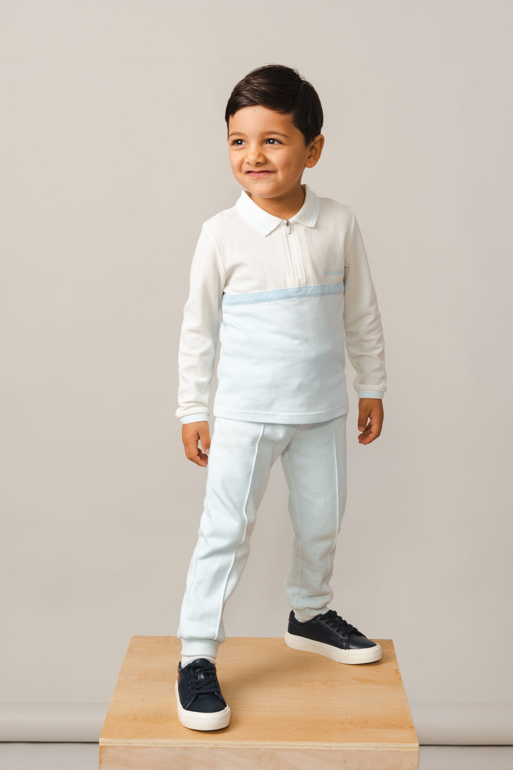 Sky Blue and White Long-Sleeve Polo Set