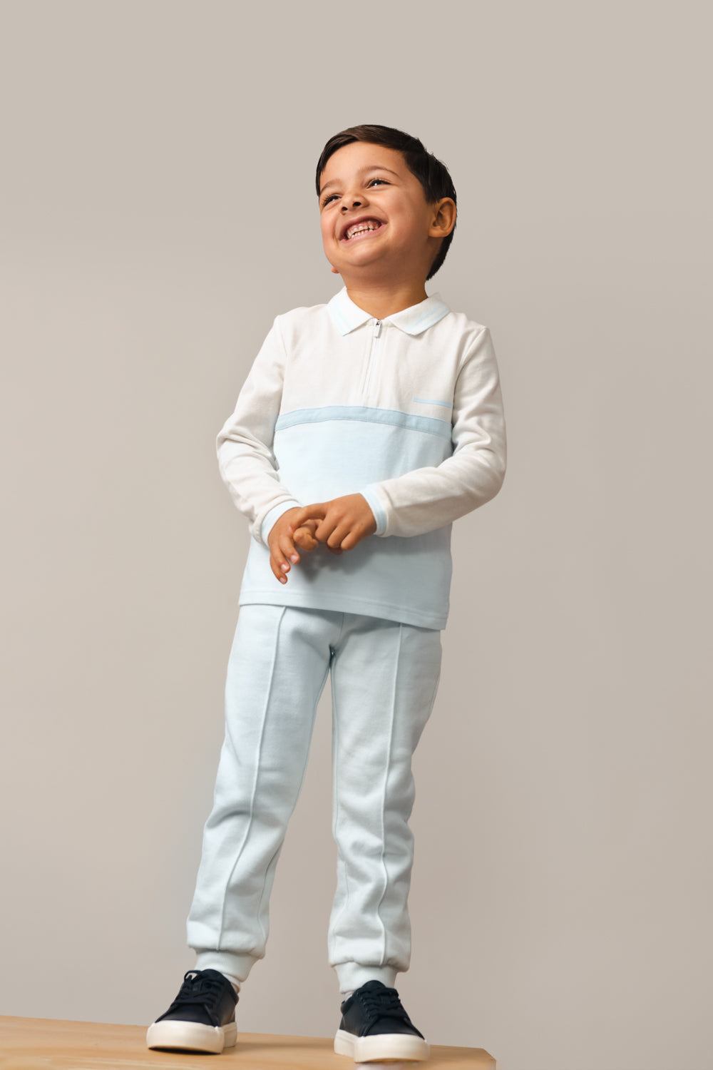 Sky Blue and White Long-Sleeve Polo Set