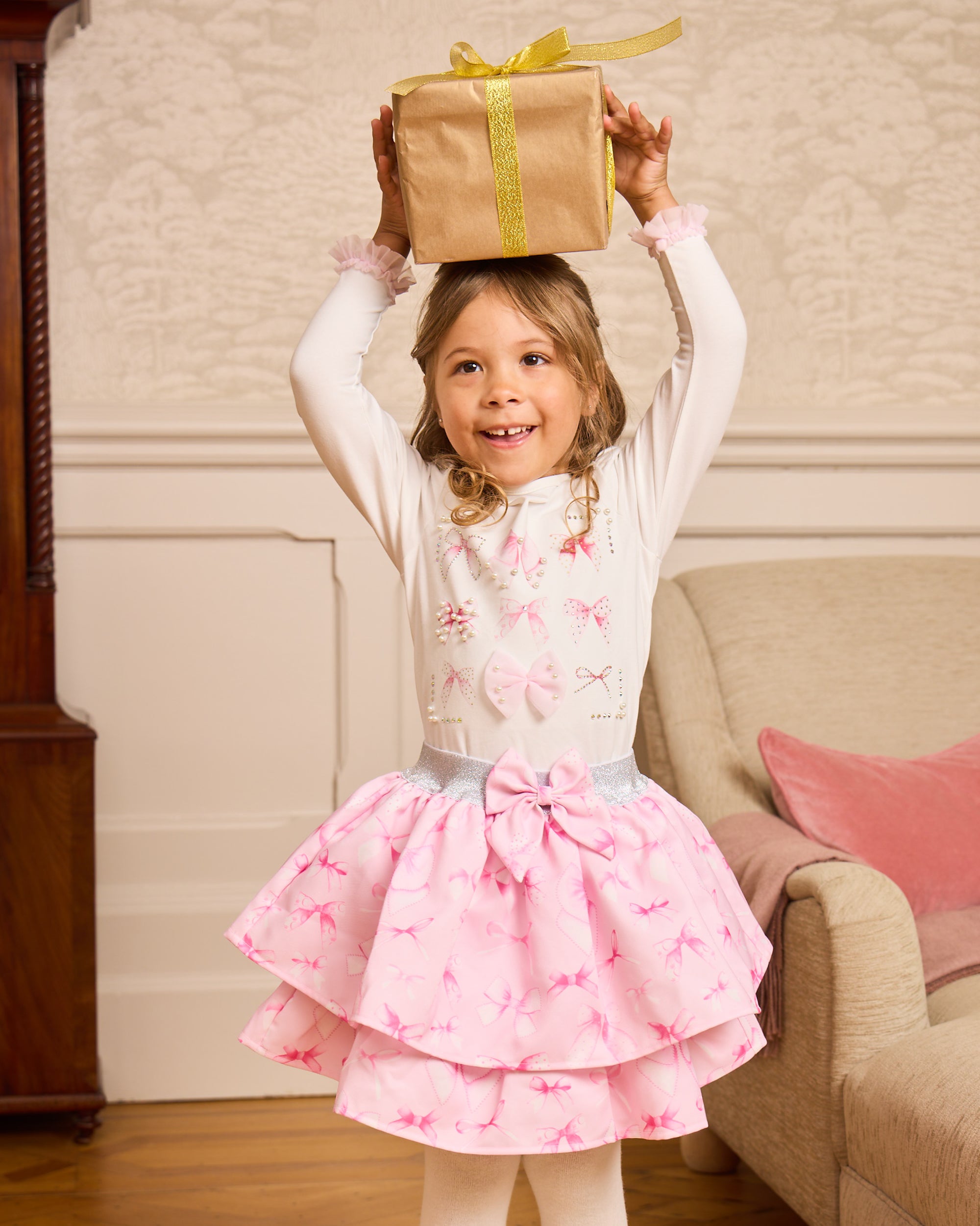 Pink Bow Print Skirt Set