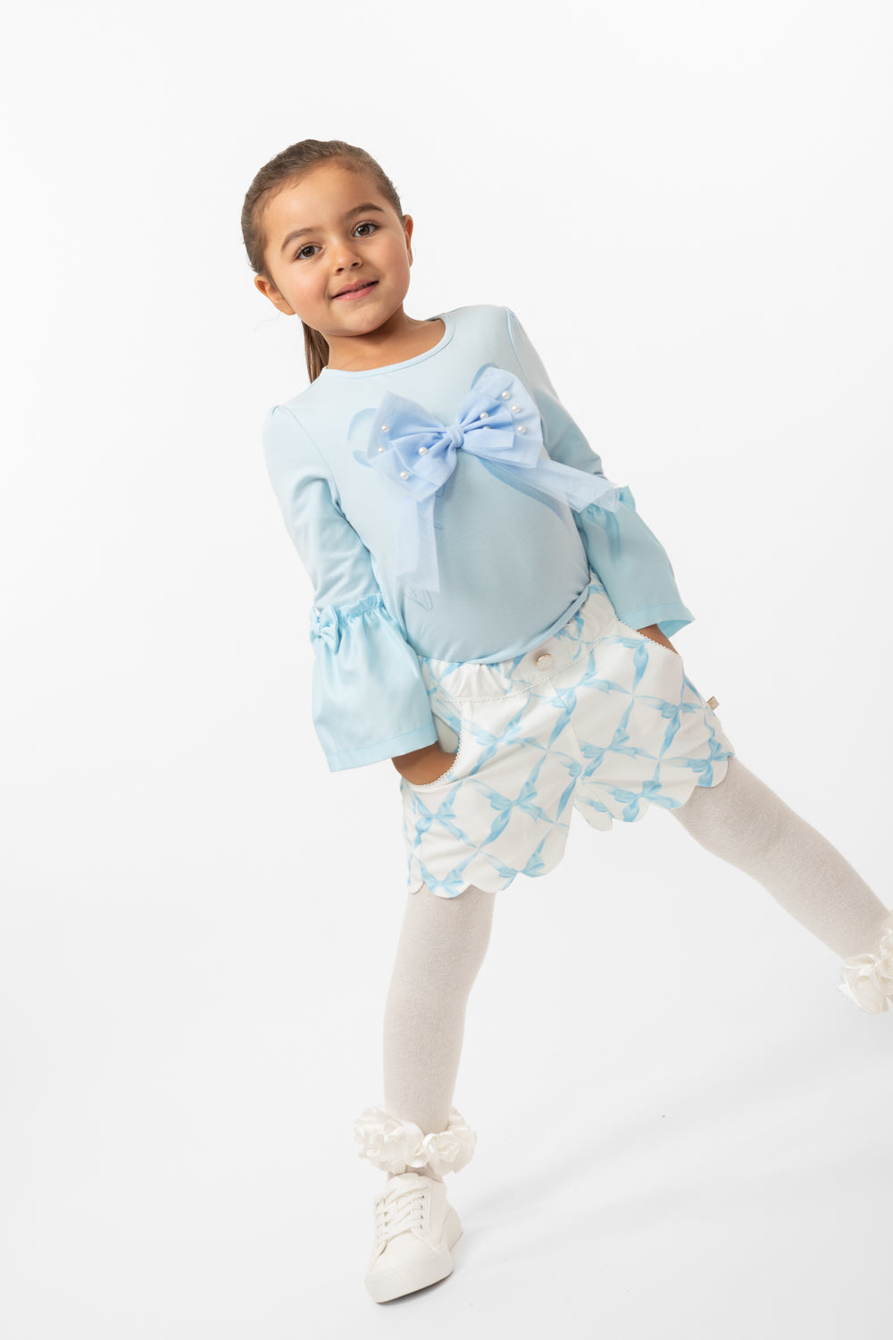 Sky Blue Scalloped Shorts Set with Pearl Embellishments (4-8 years)