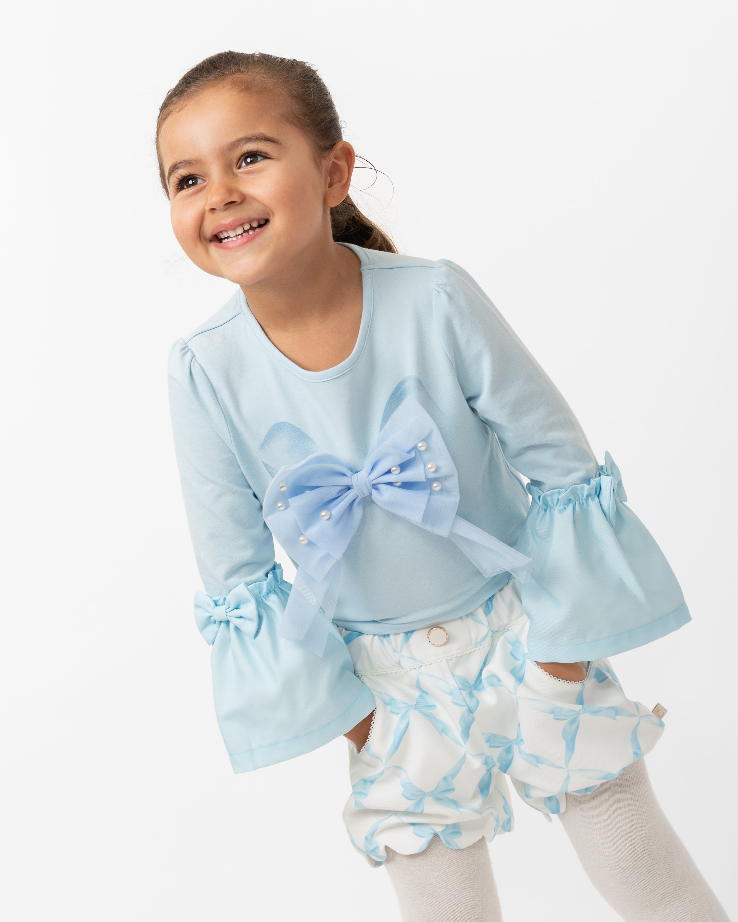 Sky Blue Scalloped Shorts Set with Pearl Embellishments (4-8 years)