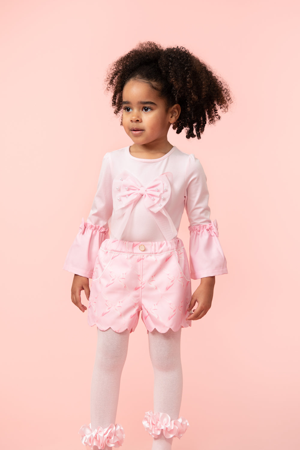 Pink Scalloped Shorts Set with Pearl Embellishments (4-8 years)