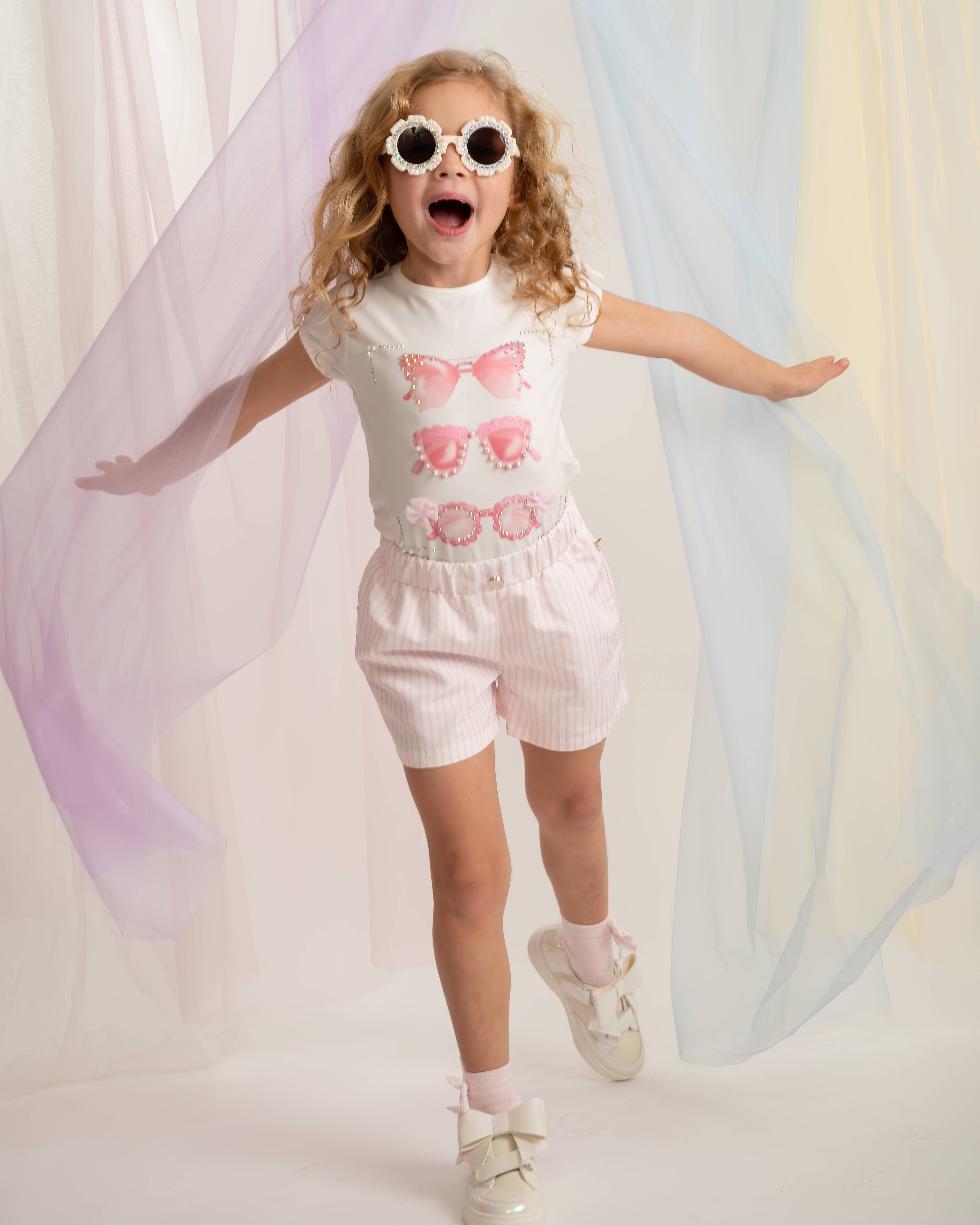 Pink Sunglasses Print T-Shirt & Short Set with Matching Sunglasses