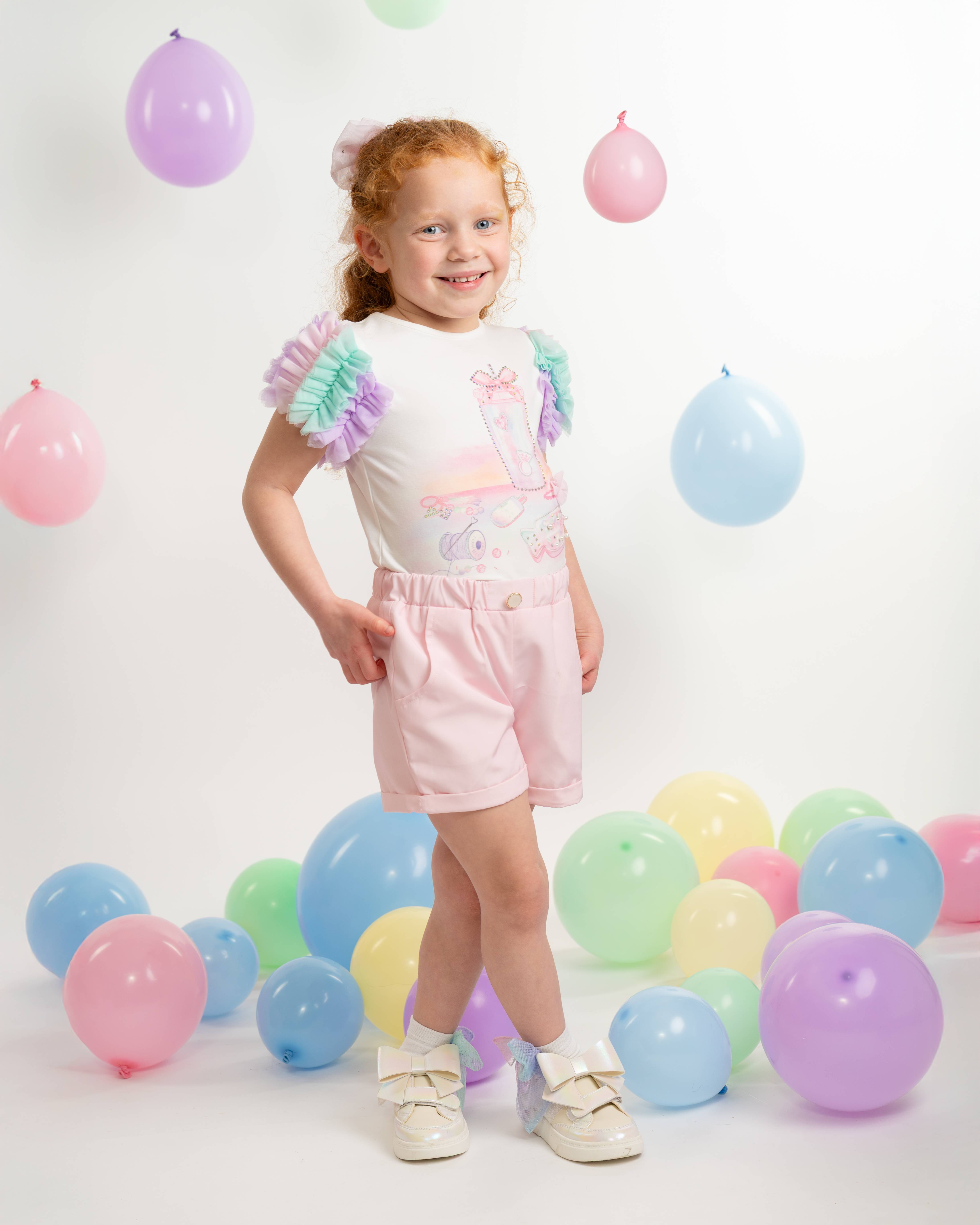 Rainbow Print T-Shirt & Short Set with with Branded Straw Cup