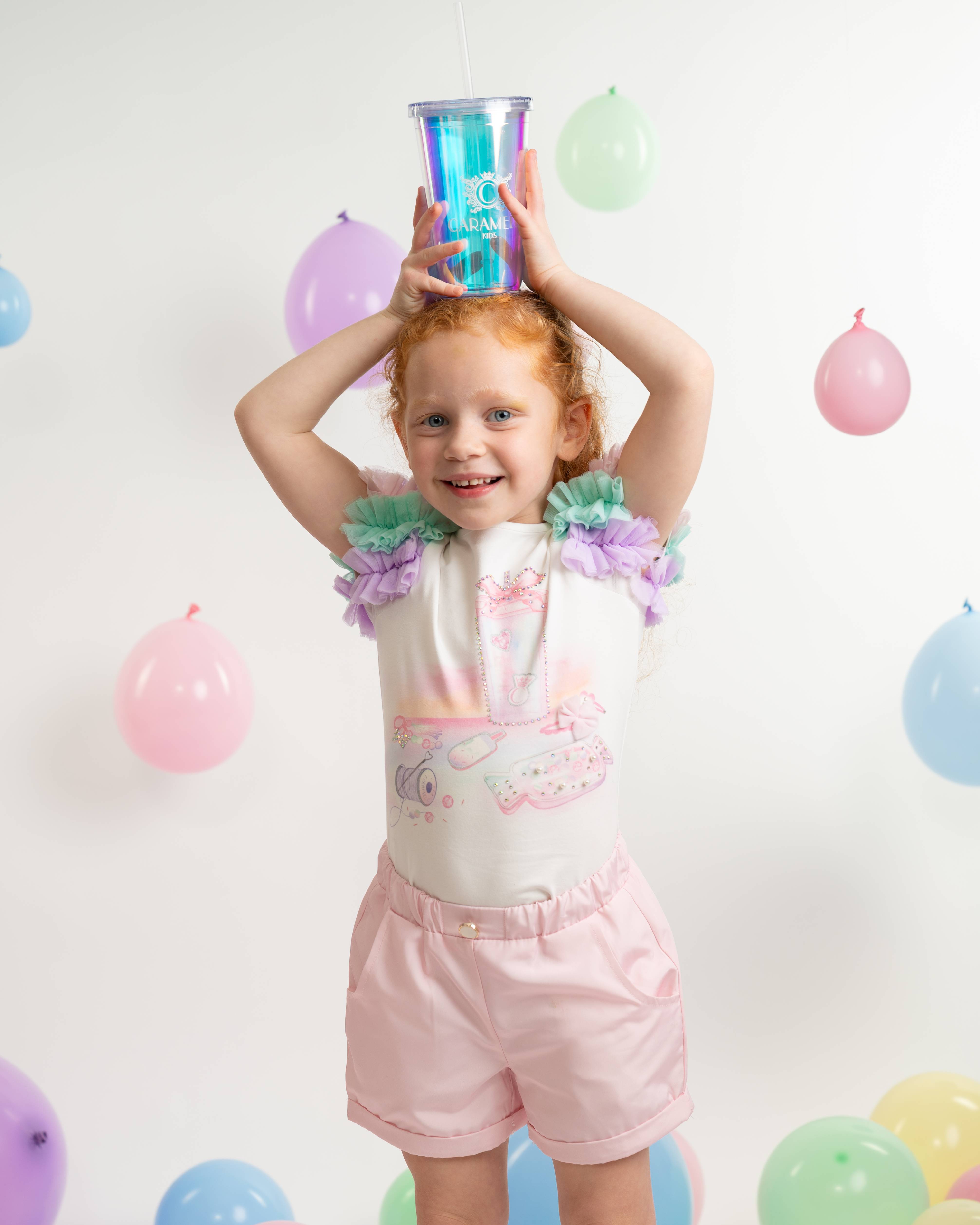 Rainbow Print T-Shirt & Short Set with with Branded Straw Cup
