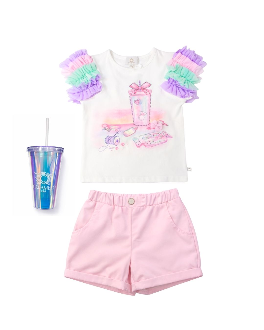 Rainbow Print T-Shirt & Short Set with with Branded Straw Cup