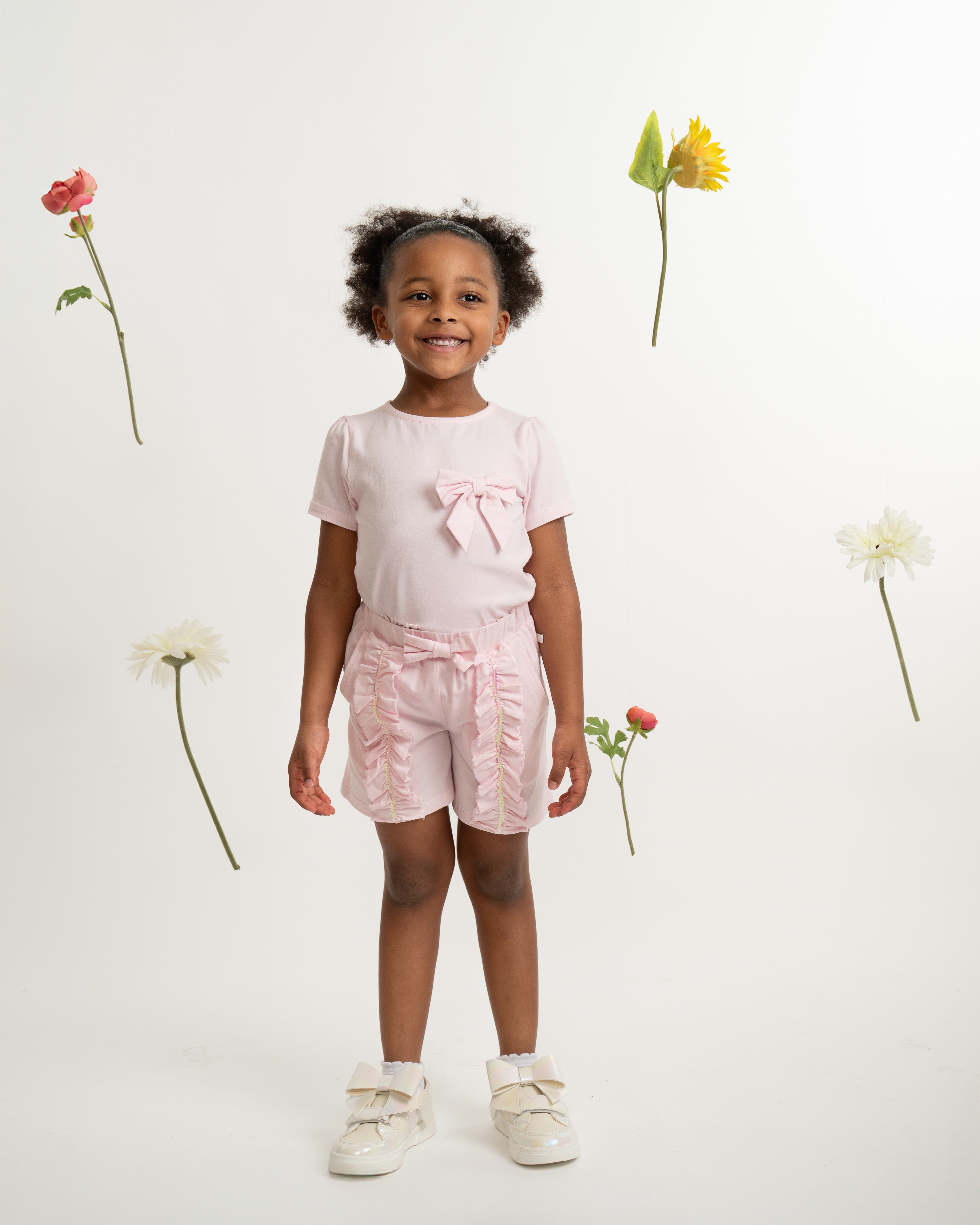 Pink Jersey Bow Detail T-Shirt & Ruffle Detail Short Set