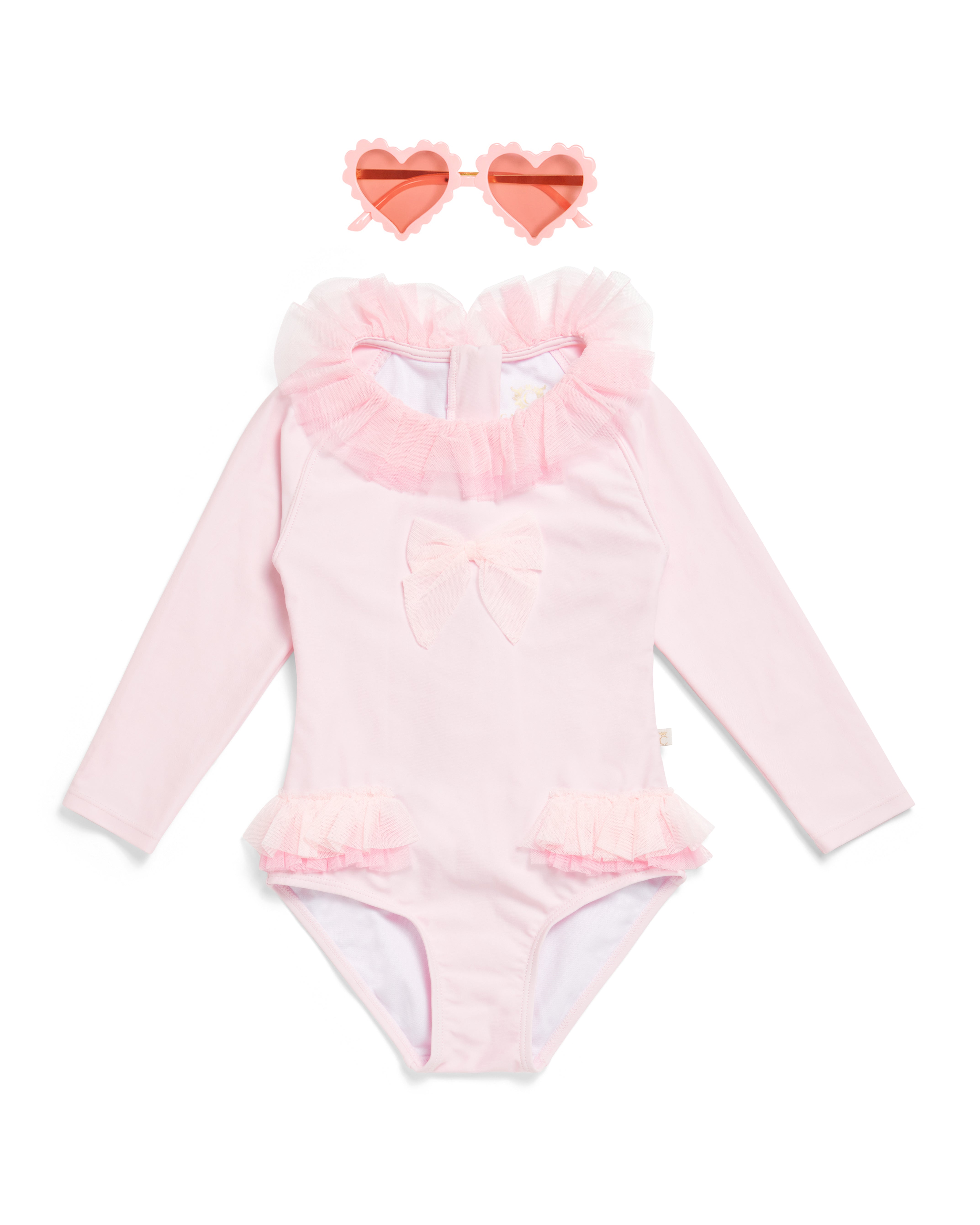 Pink Long-Sleeve Swimsuit with Tulle Accents (UPF50)