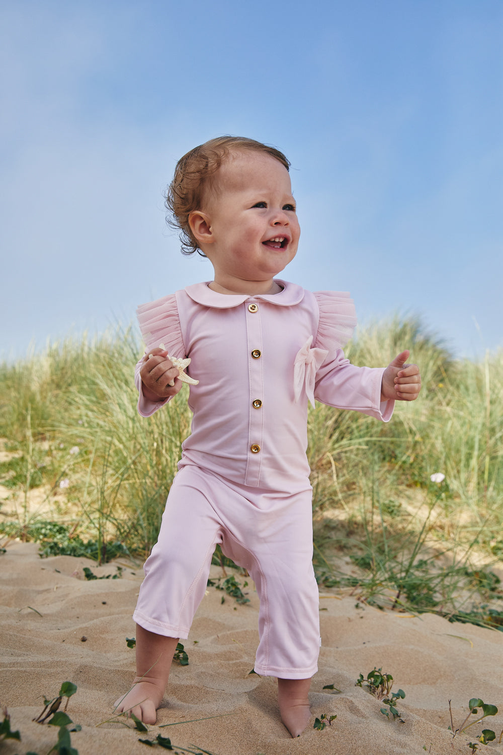 Pink Long-Sleeve Ruffle Sunsafe Swimsuit (UPF50)