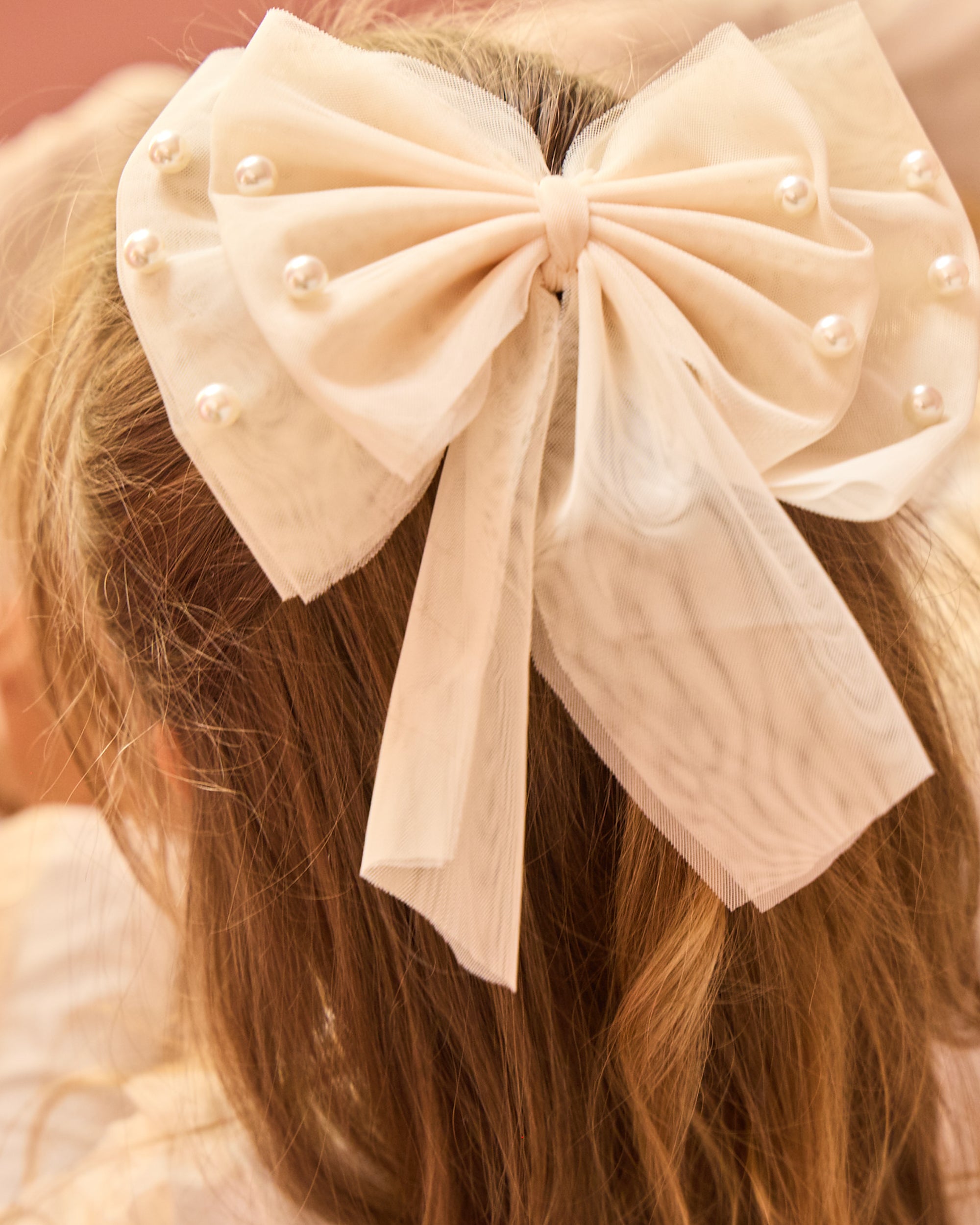 Mink Pearl Embellished Tulle Bow Hair Clip