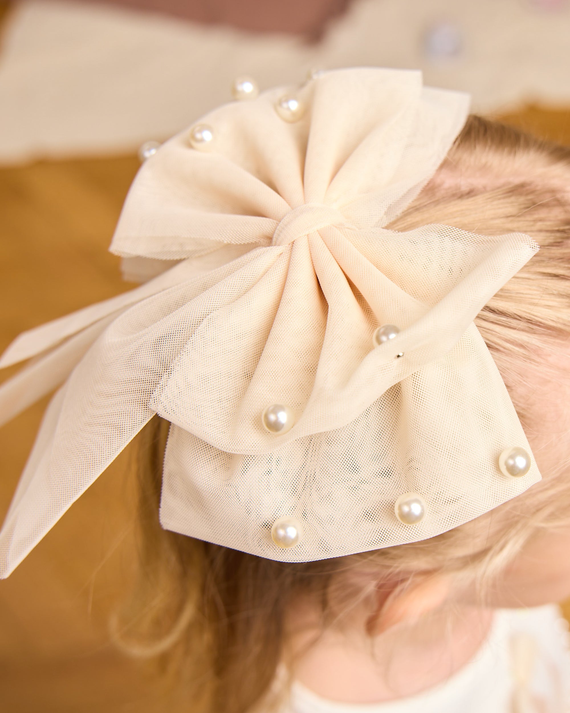 Mink Pearl Embellished Tulle Bow Hair Clip