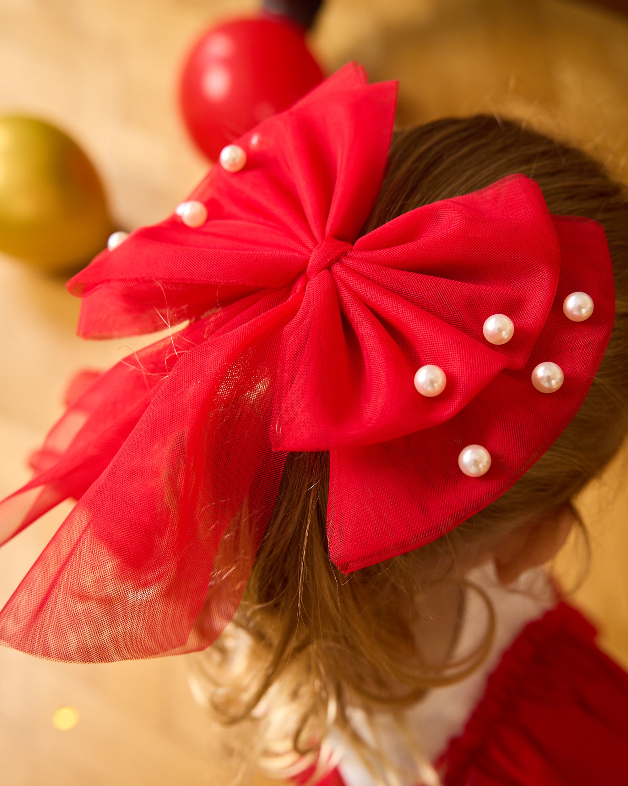 Red Pearl Embellished Tulle Bow Hair Clip