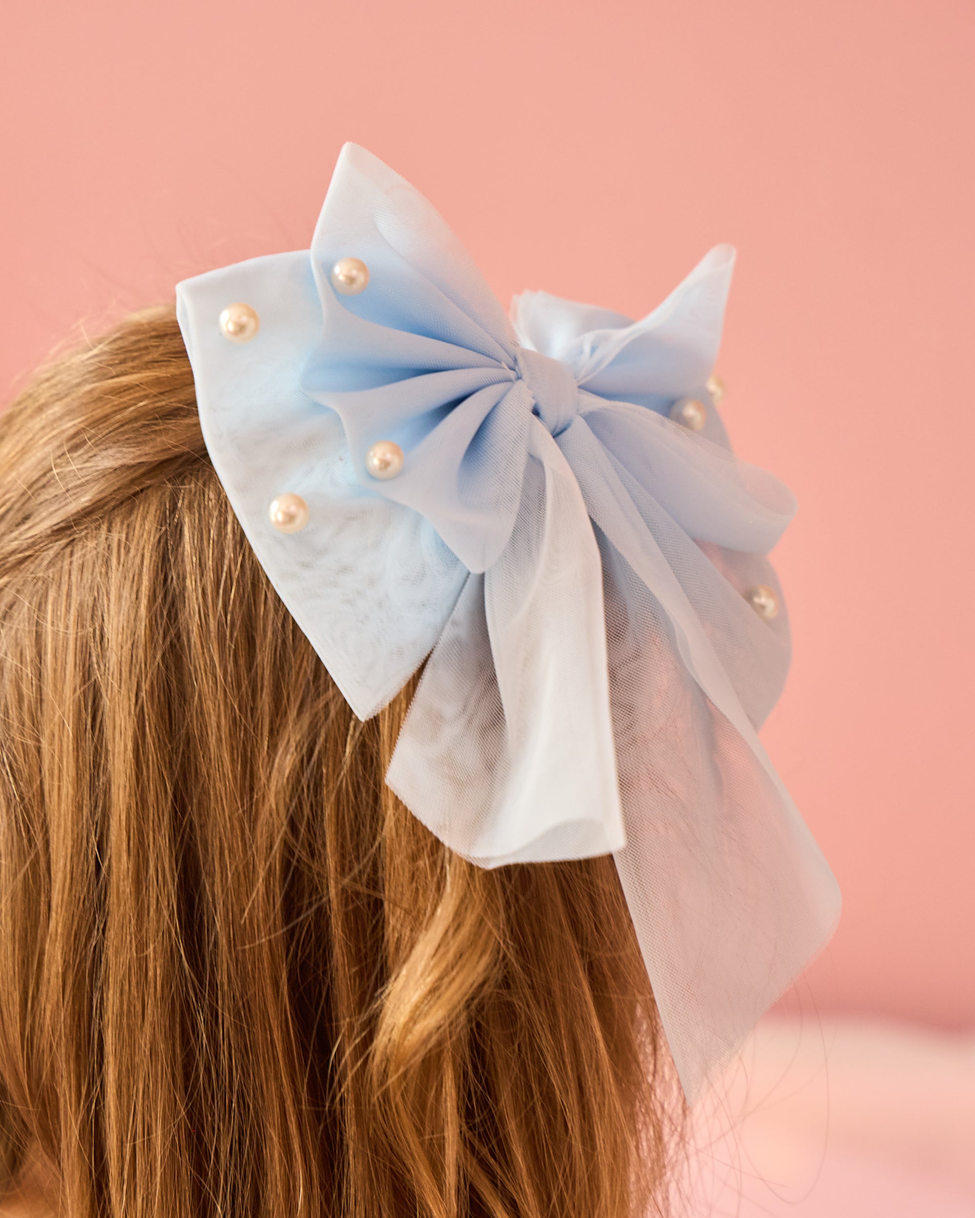 Sky Pearl Embellished Tulle Bow Hair Clip