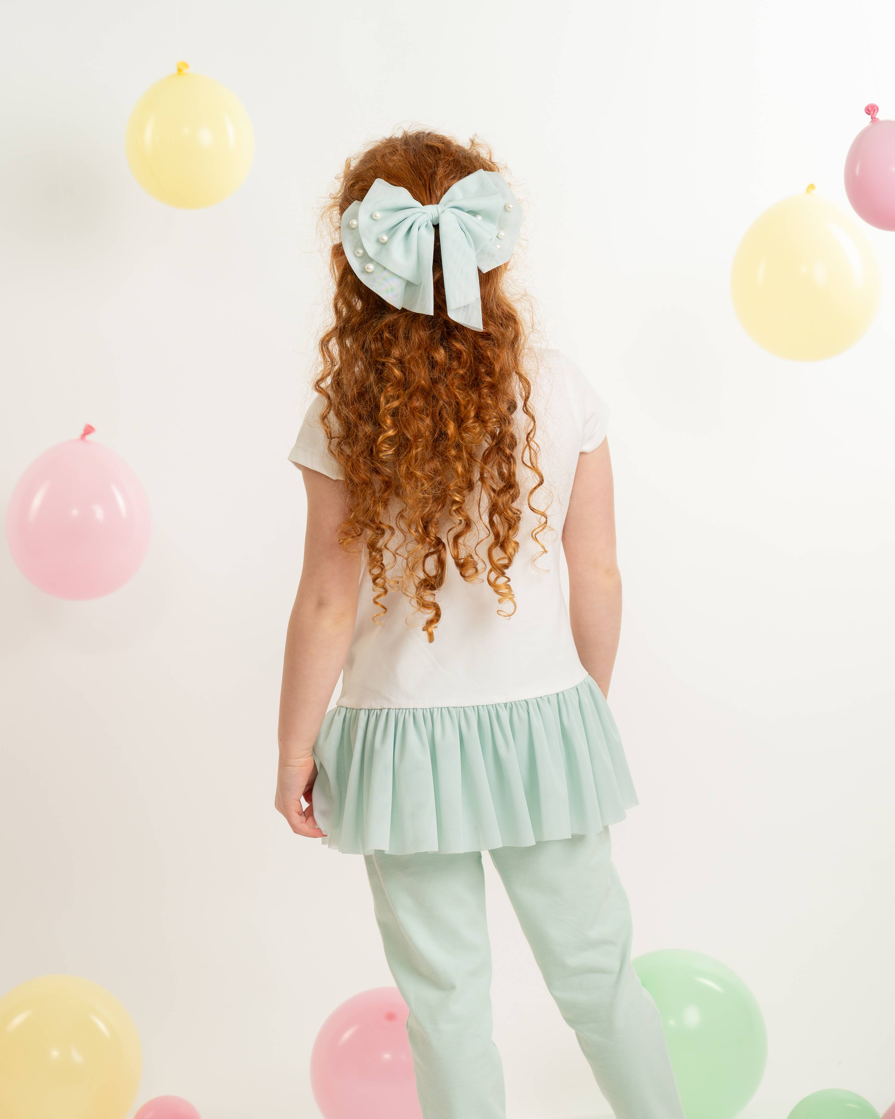 Mint Pearl Detail Tulle Bow Hair Clip