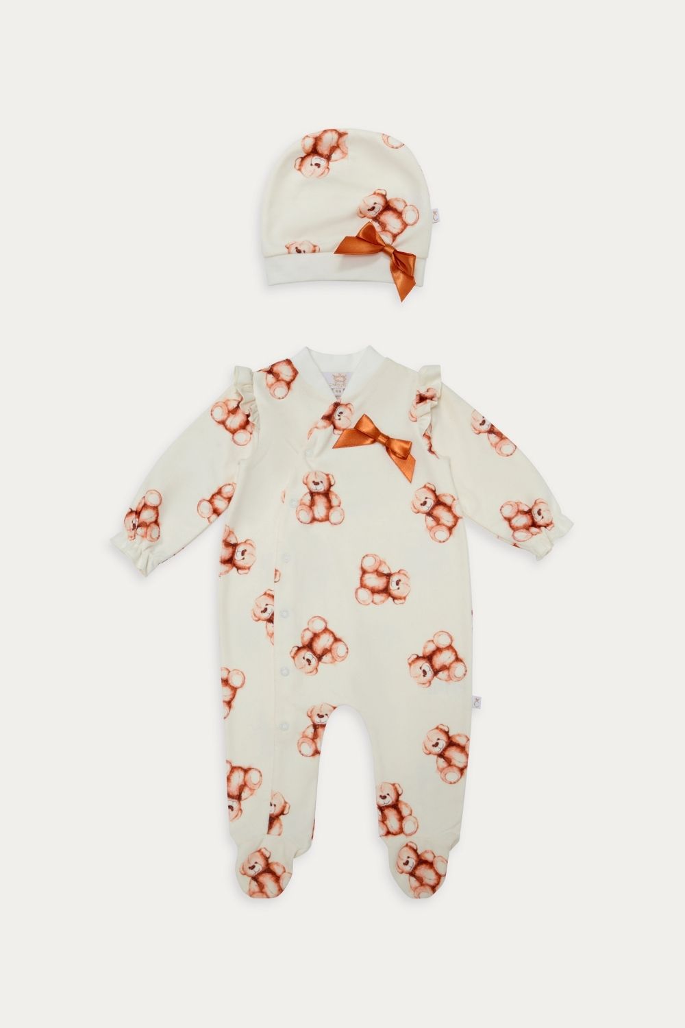 Ivory Teddy Bear Baby Sleepsuit with Matching Hat