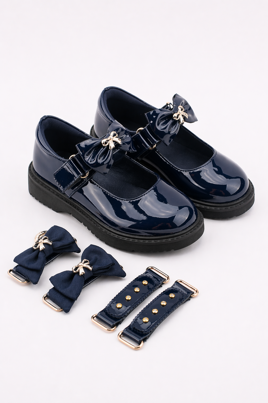Navy Patent Interchangeable Straps School Shoes