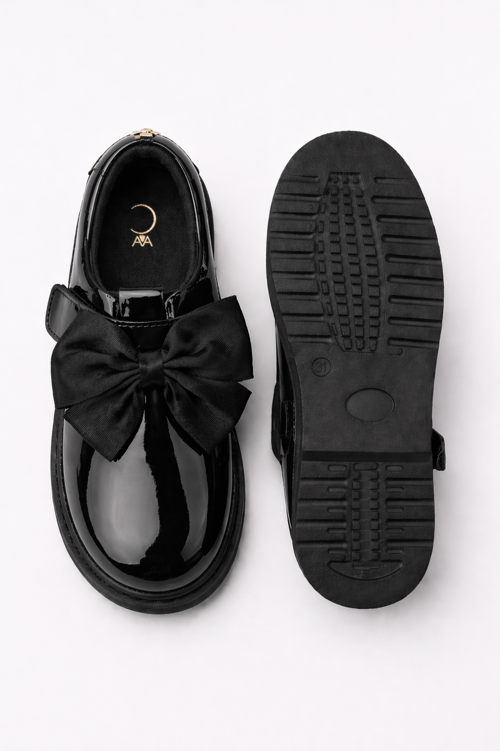 Black Patent Bow Velcro Strap School Shoes