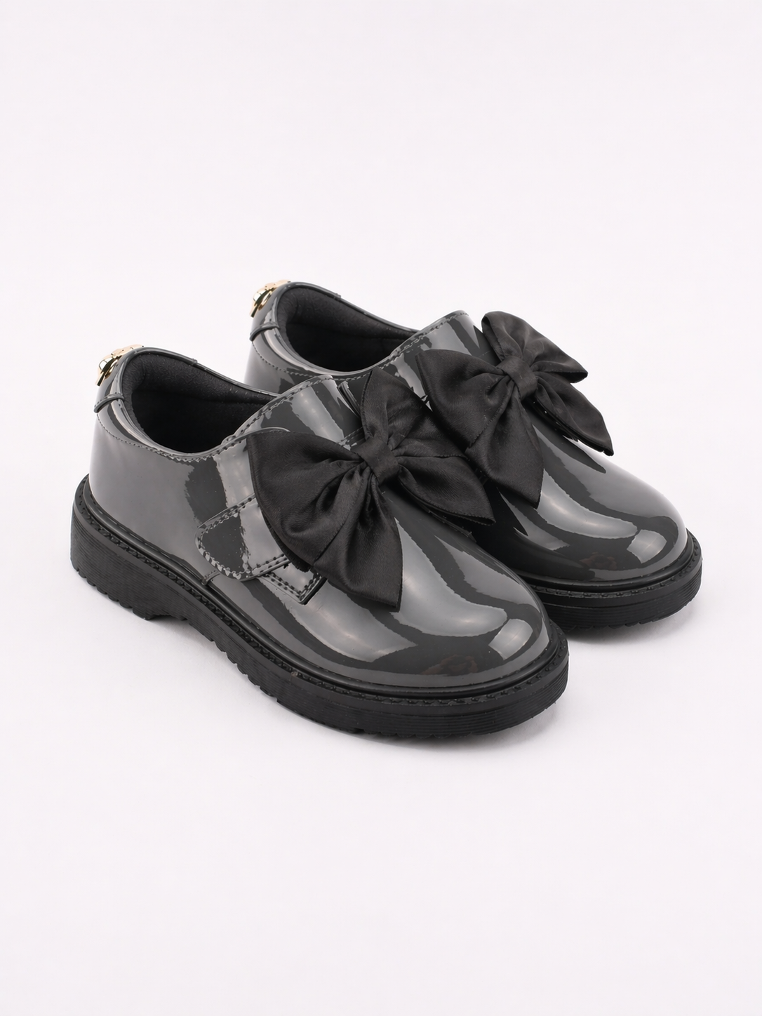 Grey Patent Bow Velcro Strap School Shoes