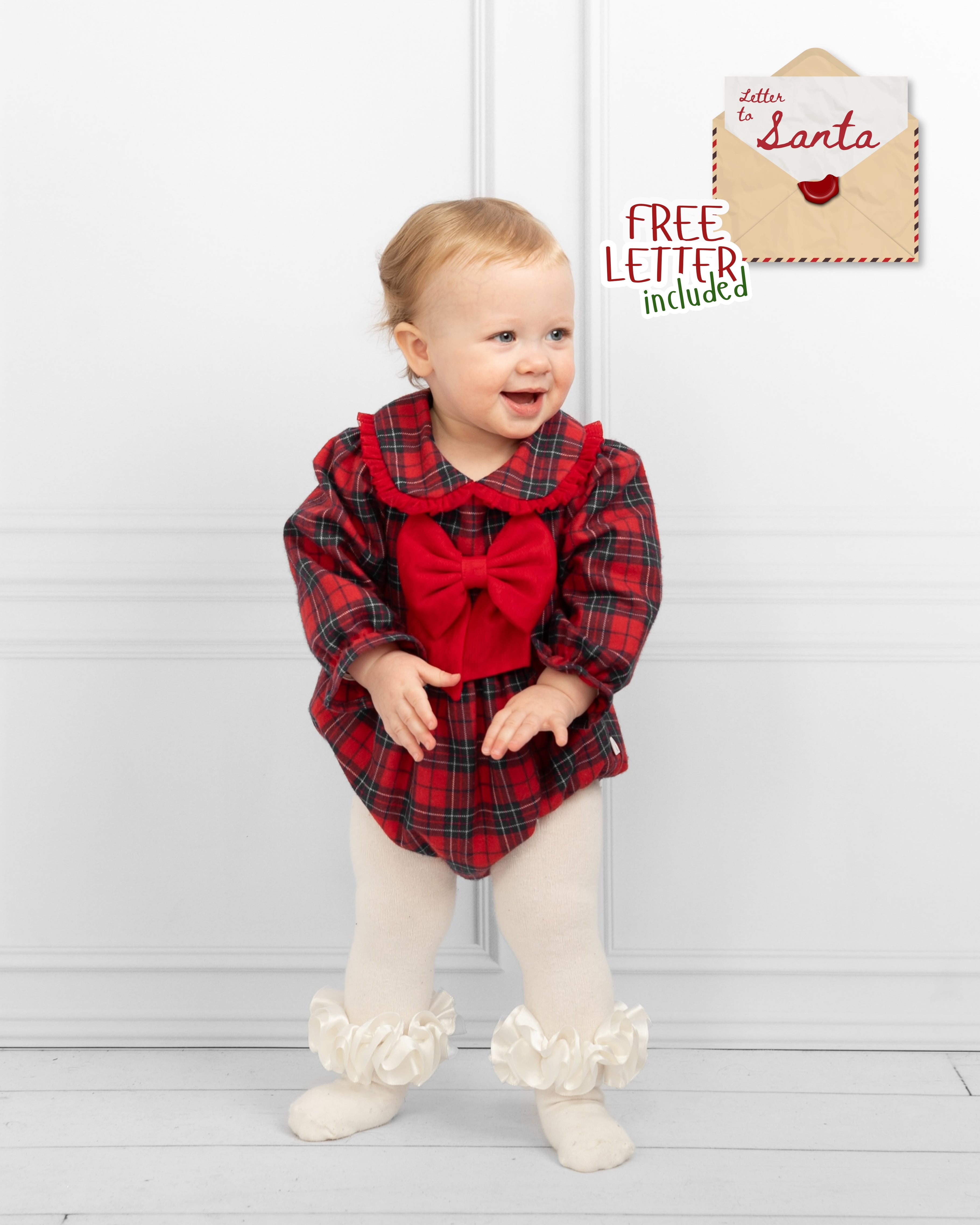 Tartan Christmas Romper with Bow and Peter Pan Collar