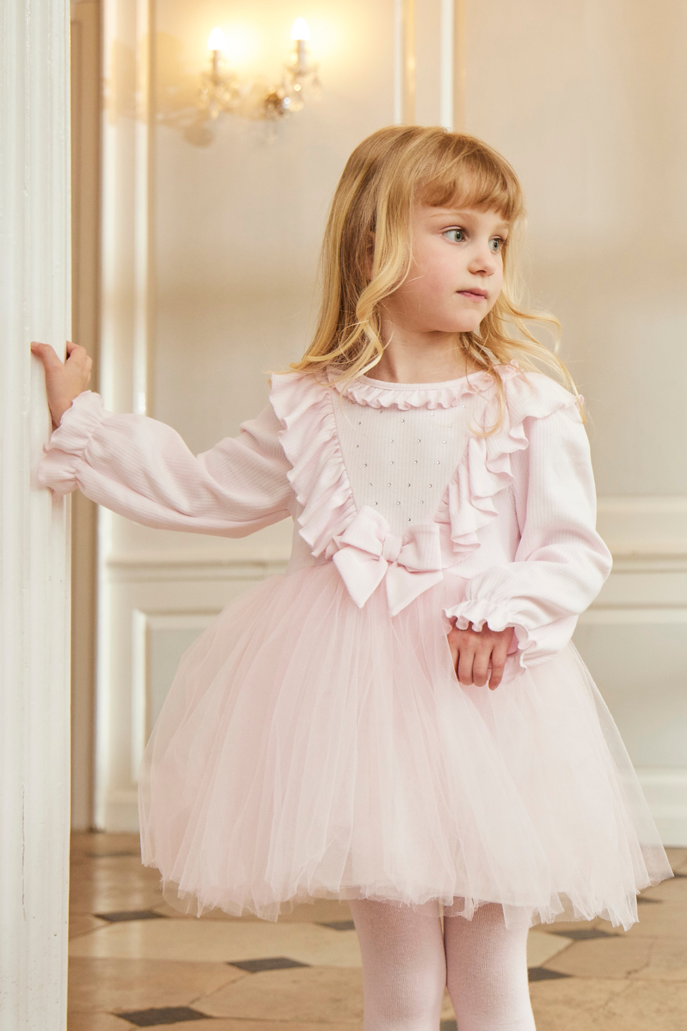 Pink Tulle Dress with Ruffle Details and Bow Headband