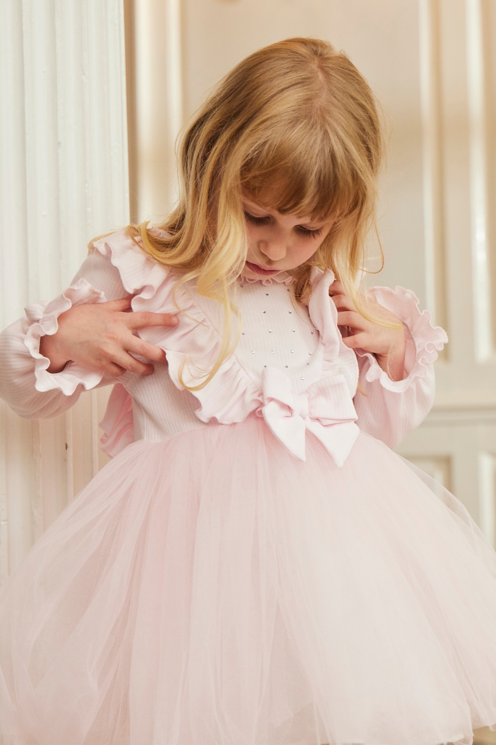 Pink Tulle Dress with Ruffle Details and Bow Headband
