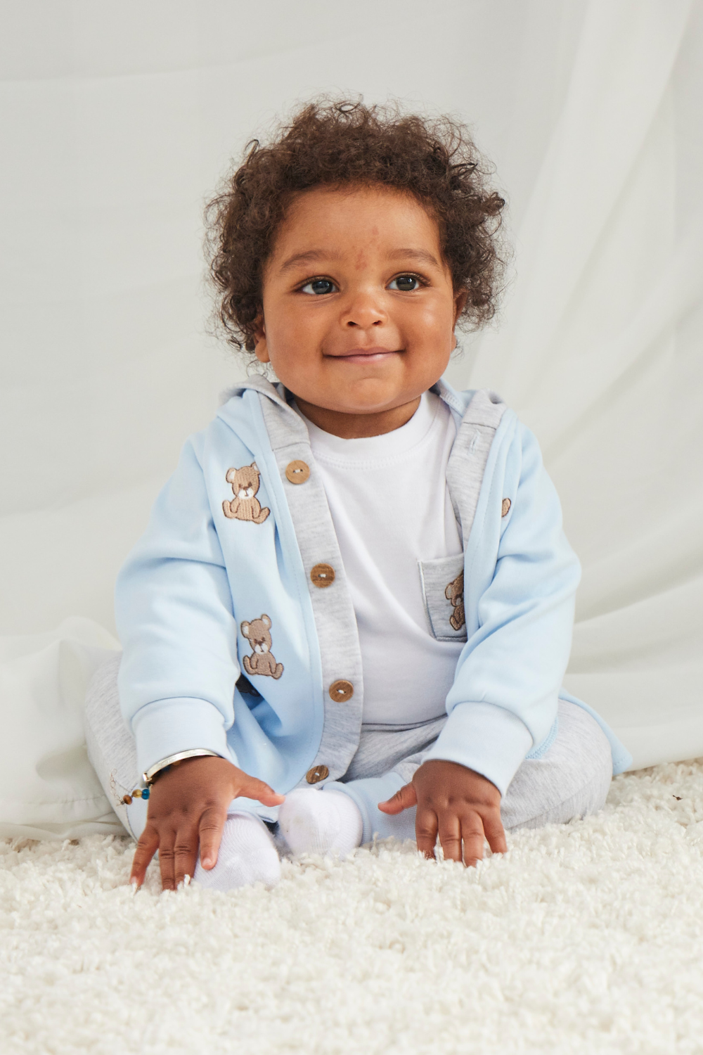 Sky Blue 3-Piece Outfit with Bear Embroidery