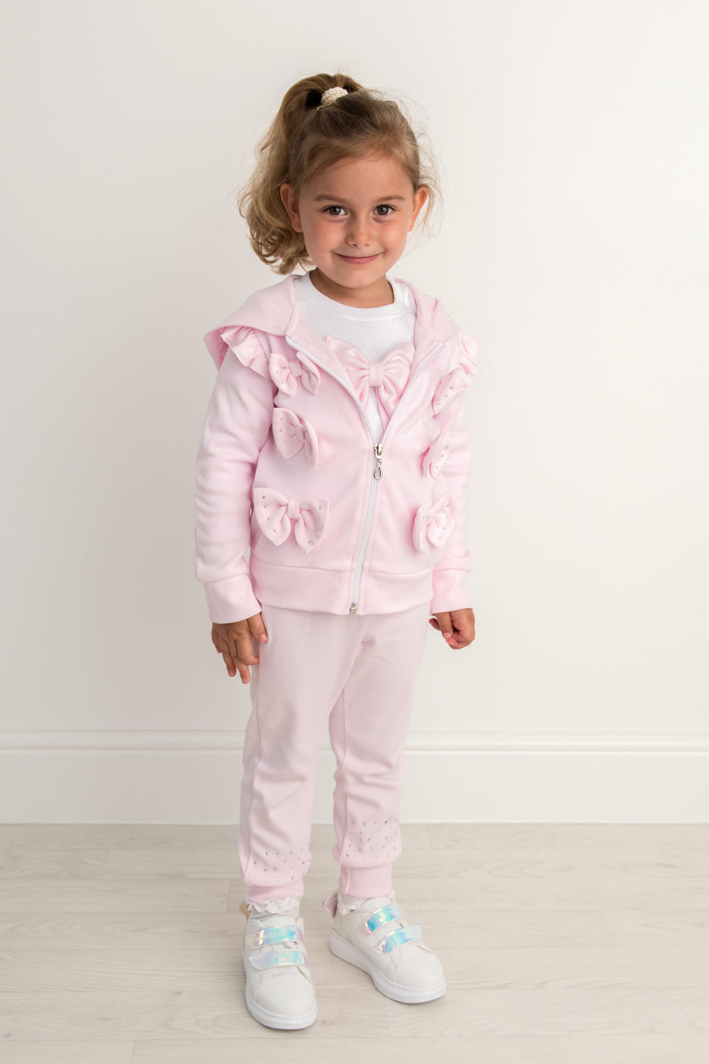Pink Bow Detail Three-Piece Tracksuit Set with Diamantes