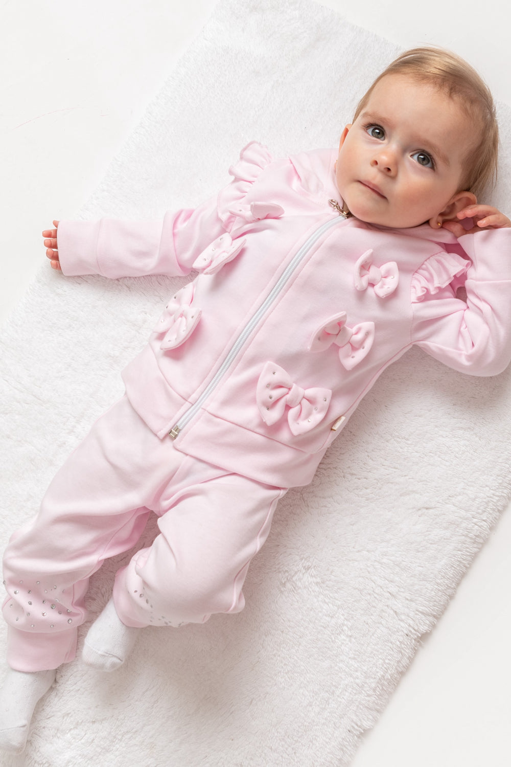 Pink Bow Detail Three-Piece Tracksuit Set with Diamantes