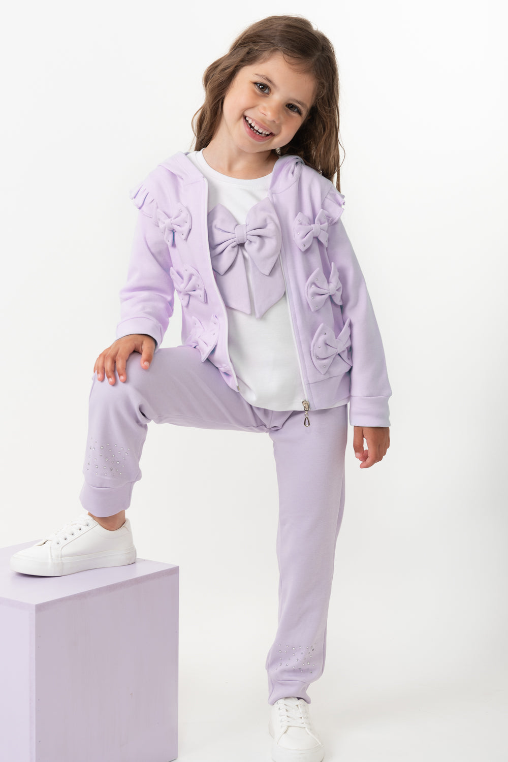 Lilac Bow Detail Three-Piece Tracksuit Set with Diamantes