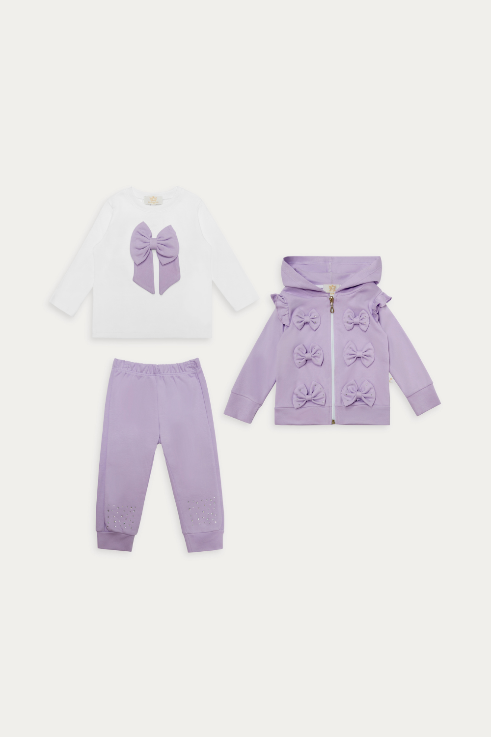 Lilac Bow Detail Three-Piece Tracksuit Set with Diamantes