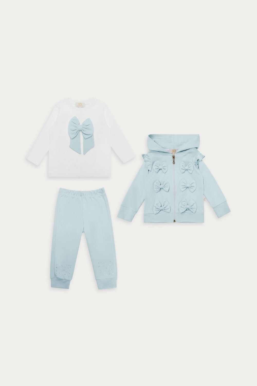 Sky Blue Bow Detail Three-Piece Tracksuit Set with Diamantes