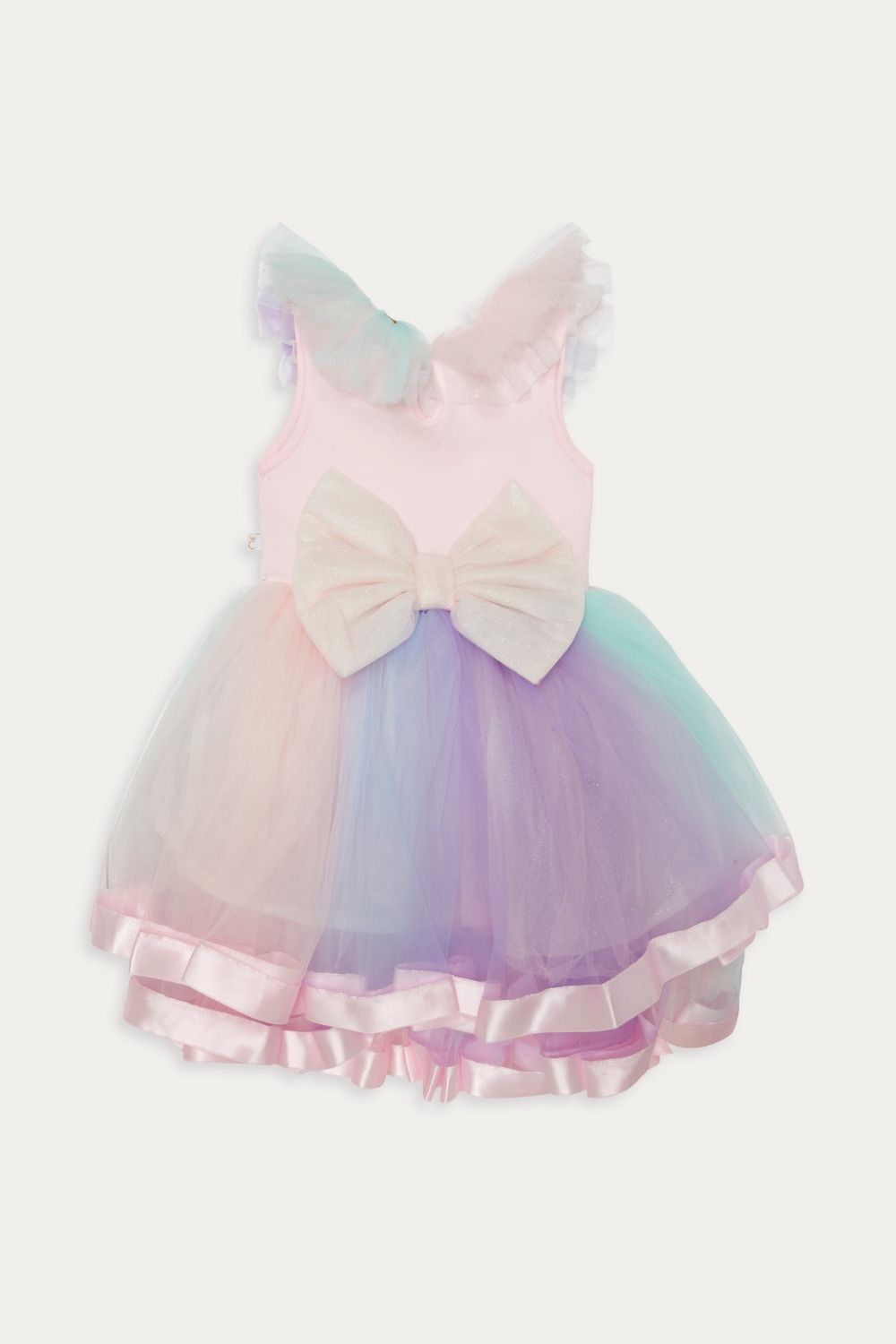 Pastel Rainbow Tulle Dress with Satin Trim