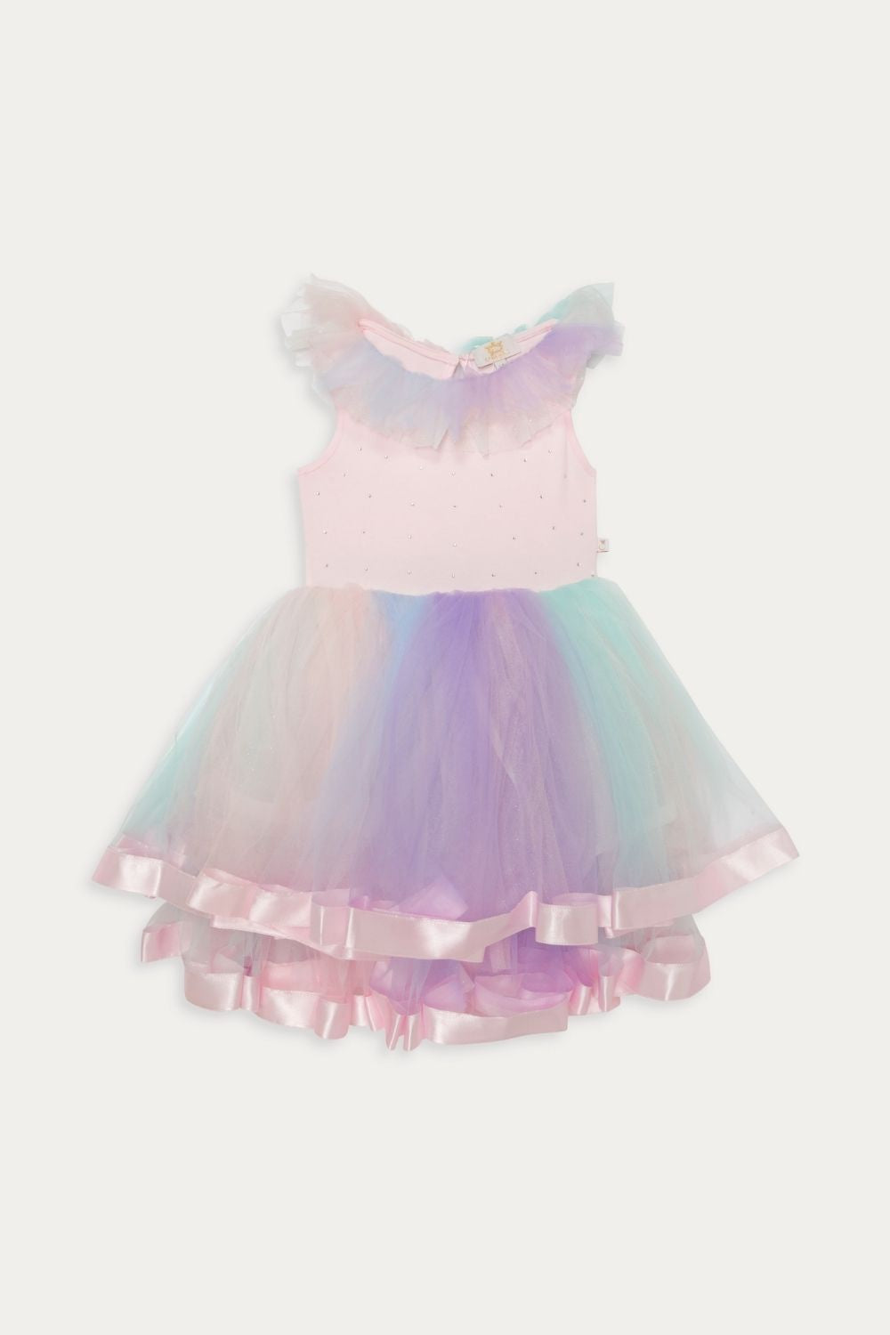 Pastel Rainbow Tulle Dress with Satin Trim