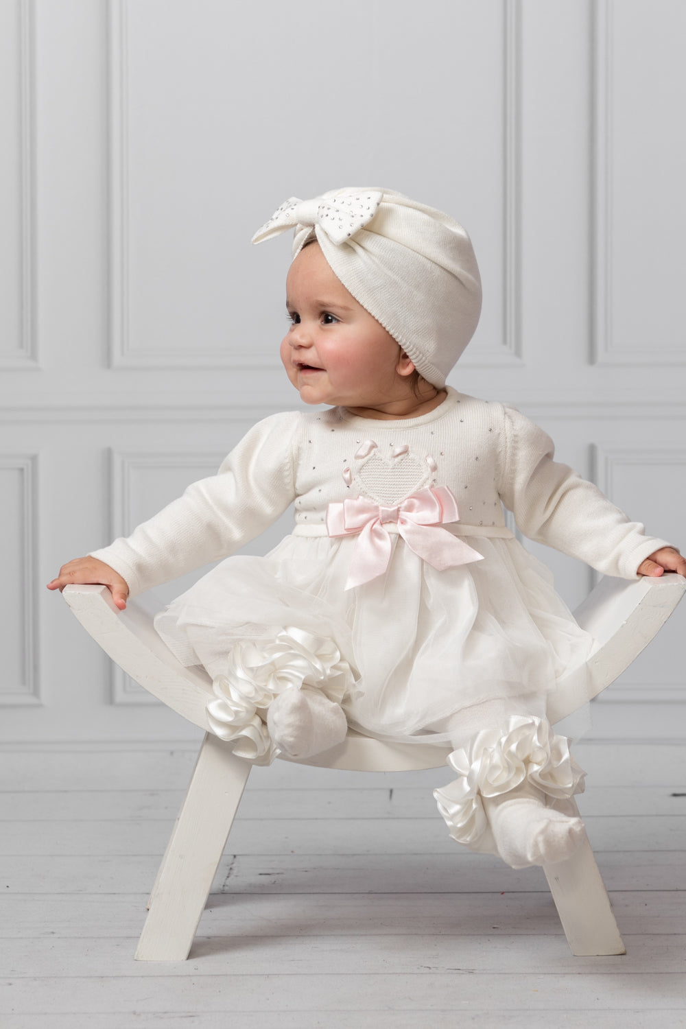 Ivory Knit Dress with Tulle Skirt and Bow Accent