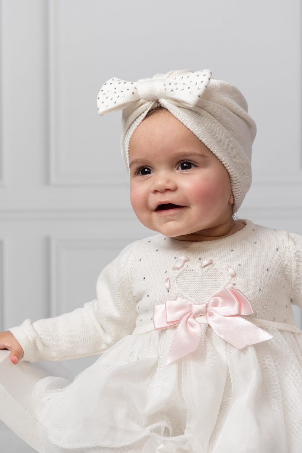 Ivory Knit Dress with Tulle Skirt and Bow Accent