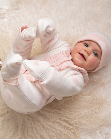Knitted Heart Frill Romper with Hat and Mittens