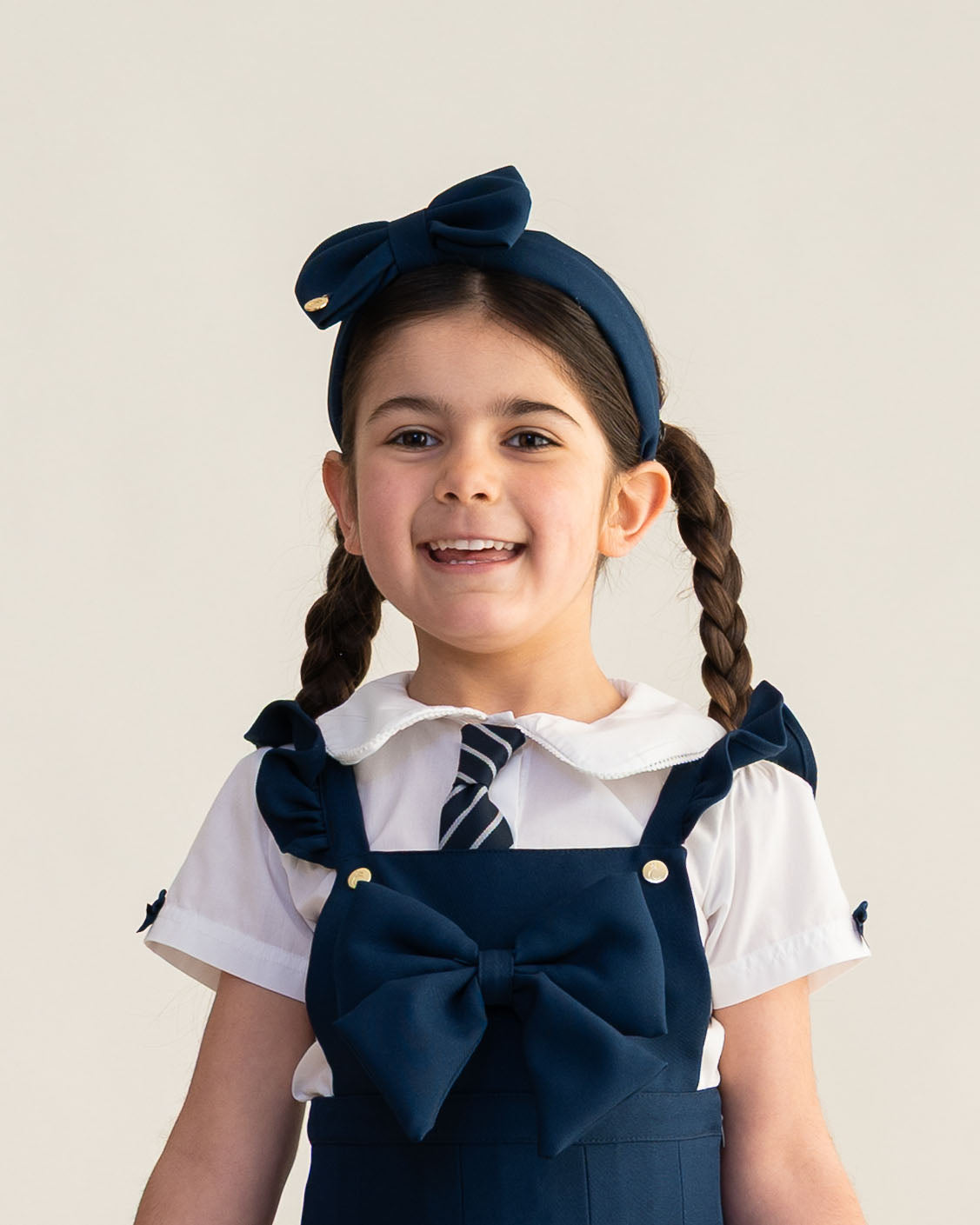 White School Shirt with Navy Bow Sleeves