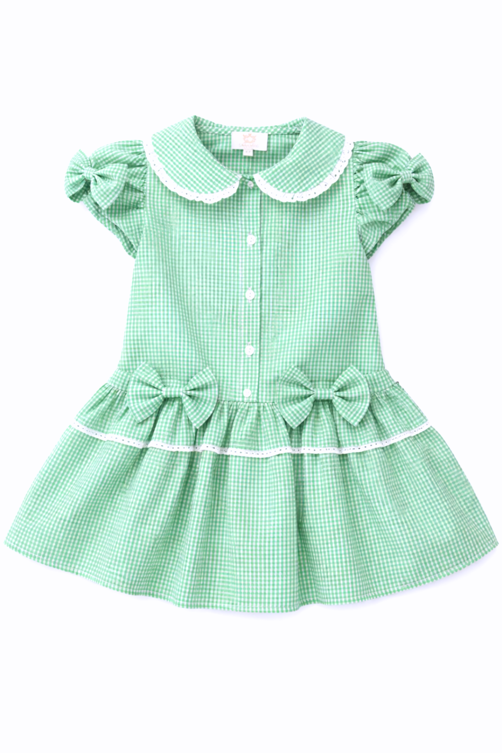 Green Gingham Double Bow Dropped Waist School Dress