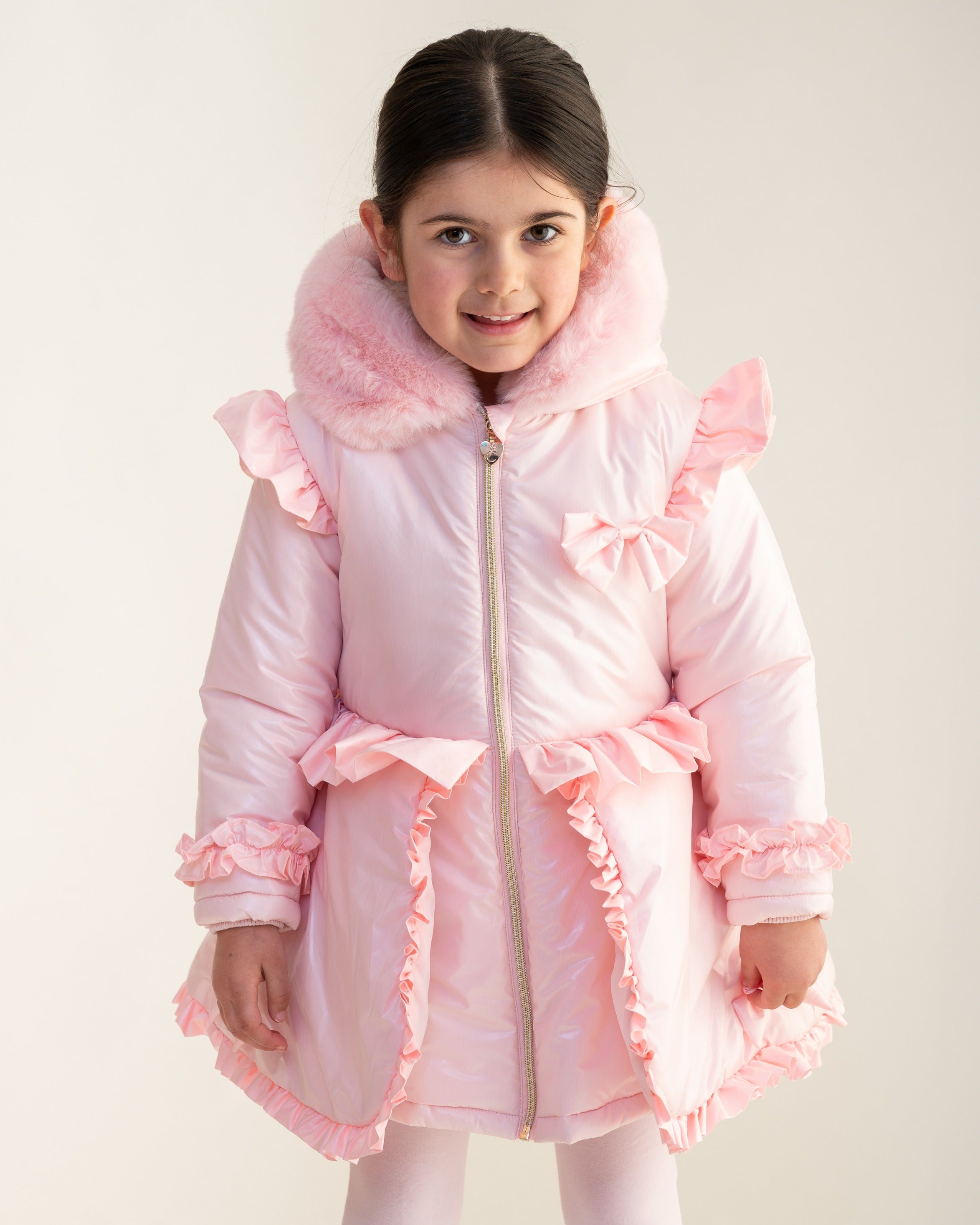 Pink Fur Trim Hood Peplum Coat